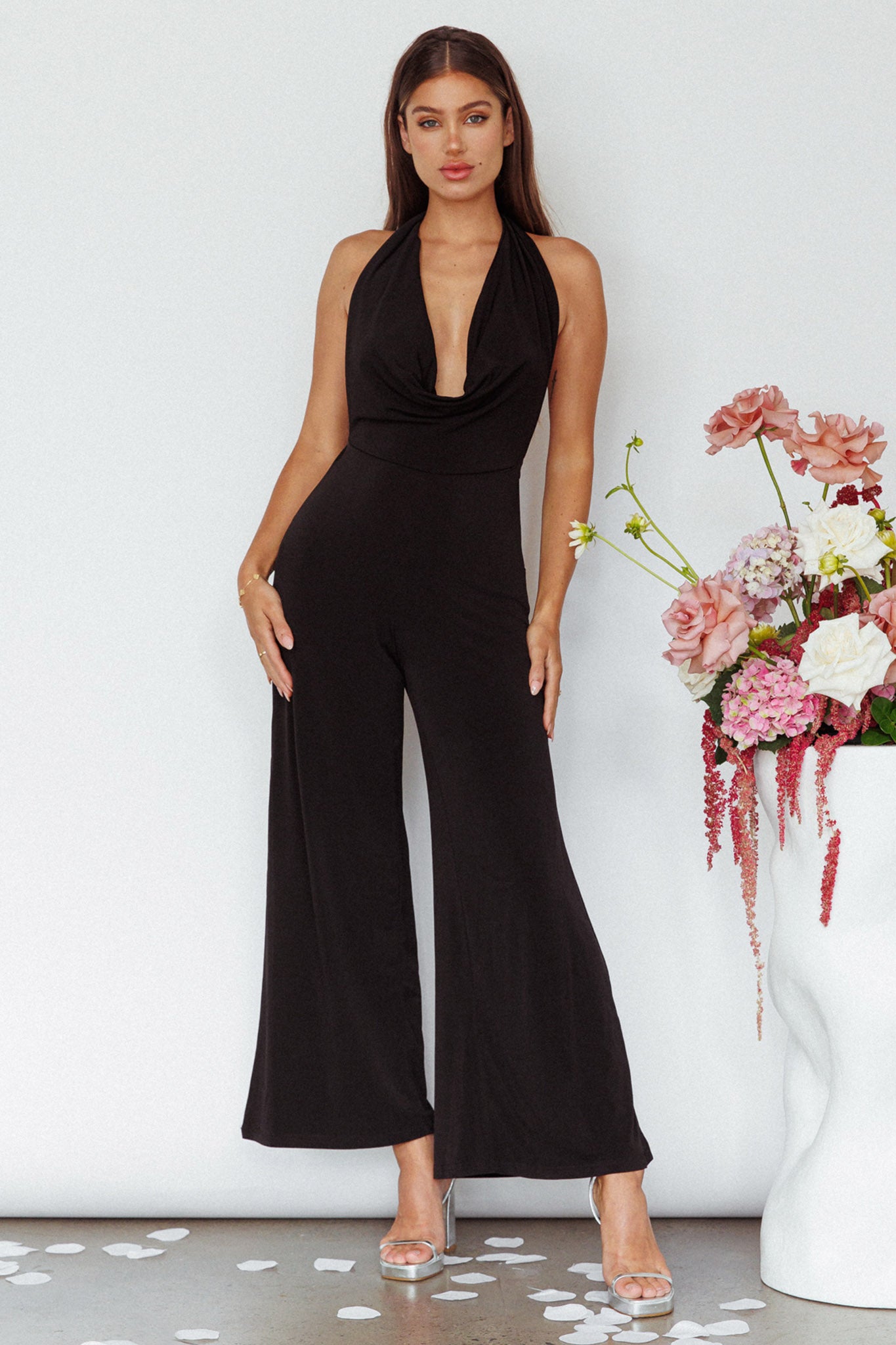 Emanuella Halterneck Split Jumpsuit Black by Selfie Leslie