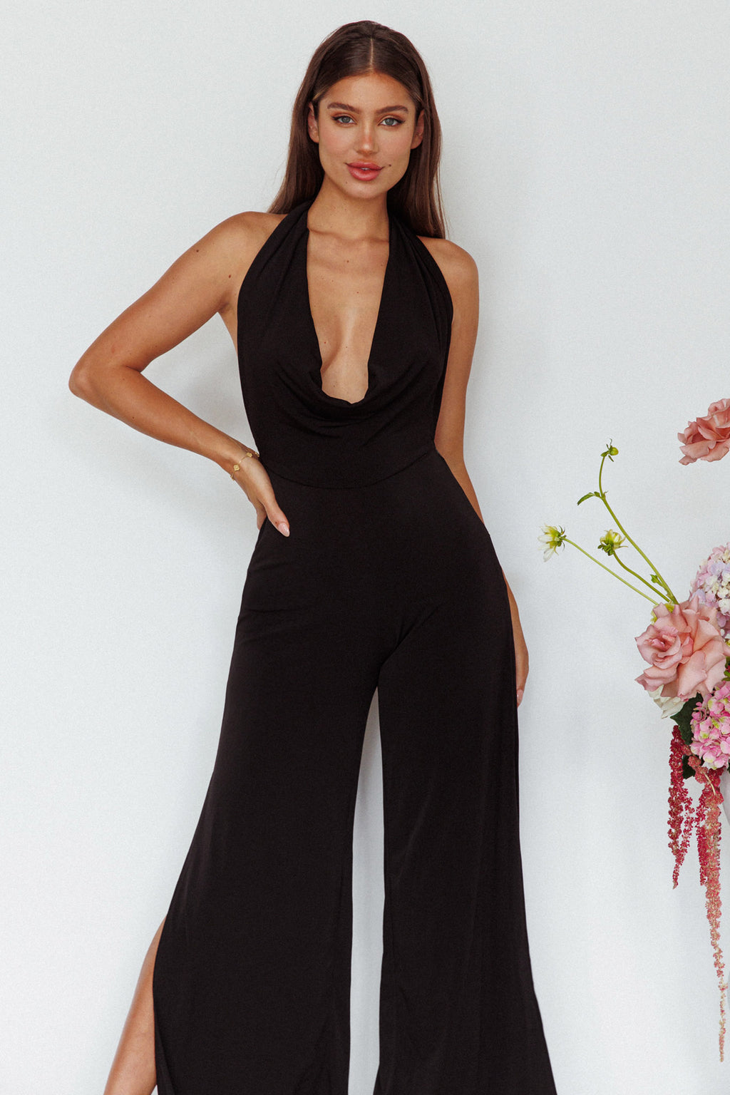 Emanuella Halterneck Split Jumpsuit Black by Selfie Leslie