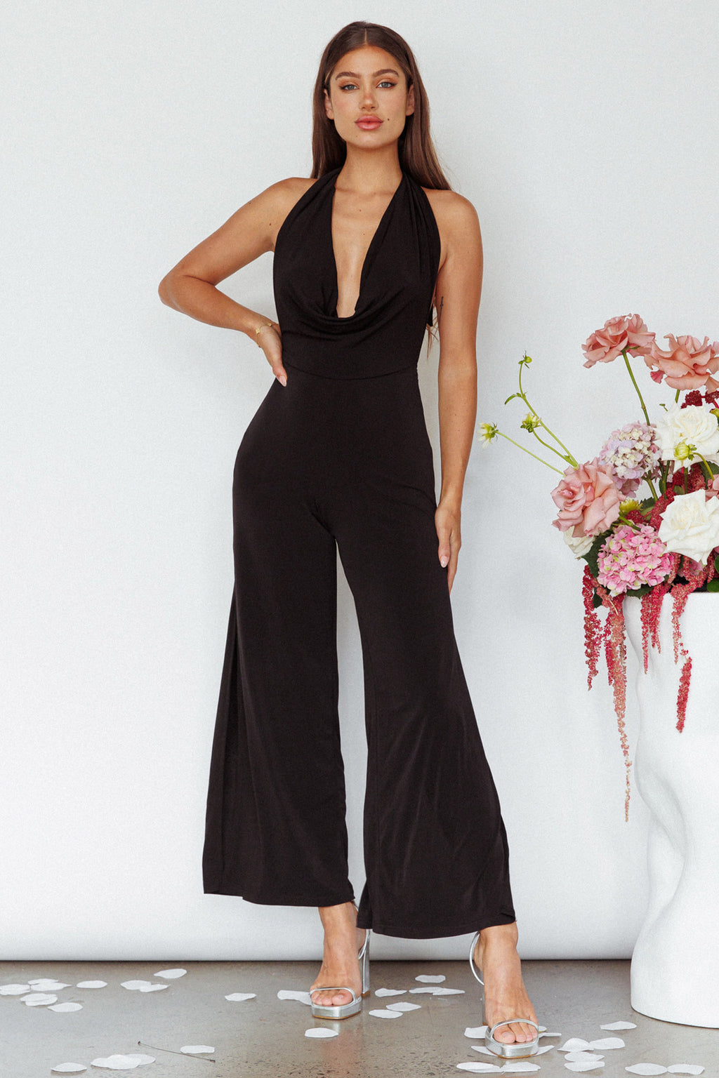 Emanuella Halterneck Split Jumpsuit Black by Selfie Leslie