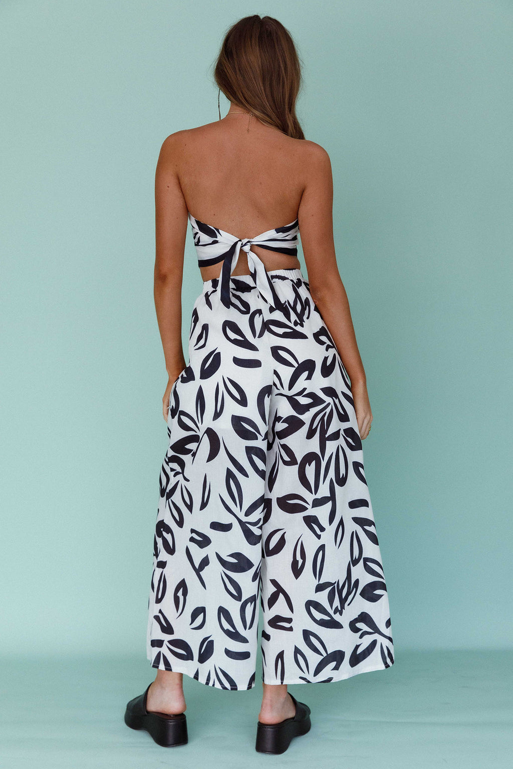 Randi Wide Leg Pants Leaf Print Black by Selfie Leslie