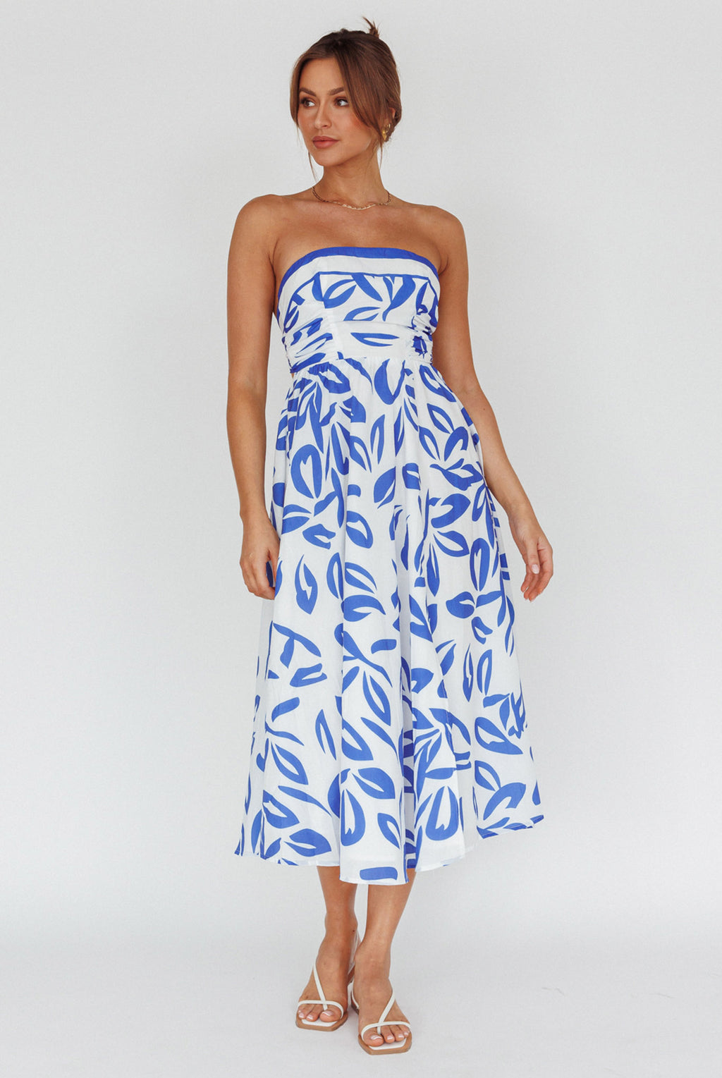 Randi Tie-Back Maxi Dress Leaf Print Blue by Selfie Leslie