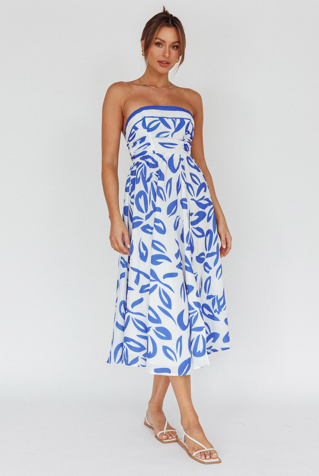 Randi Tie-Back Maxi Dress Leaf Print Blue by Selfie Leslie