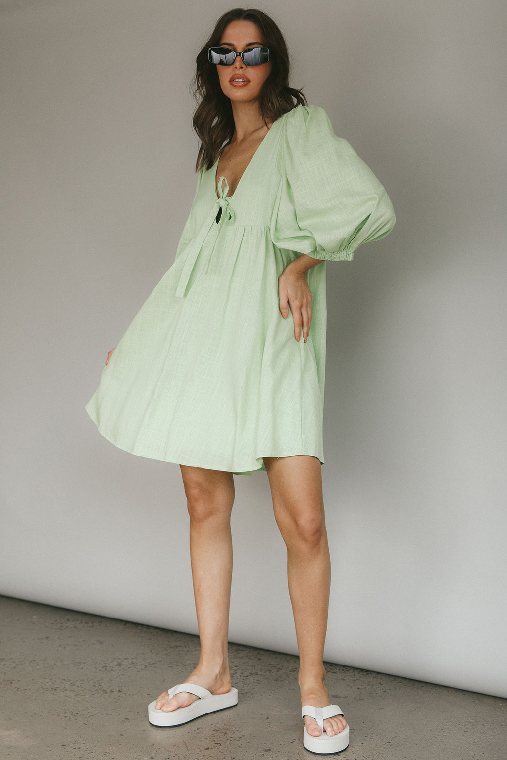 New Haven Puff Sleeve Swing Dress Lime by Selfie Leslie