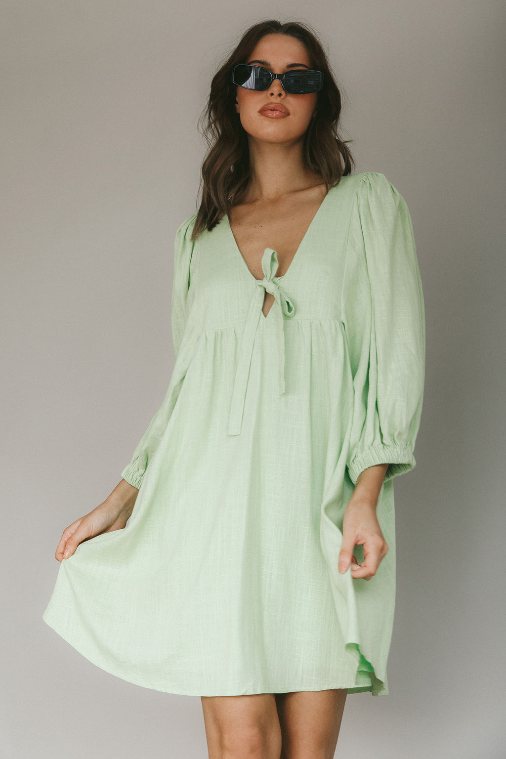 New Haven Puff Sleeve Swing Dress Lime by Selfie Leslie