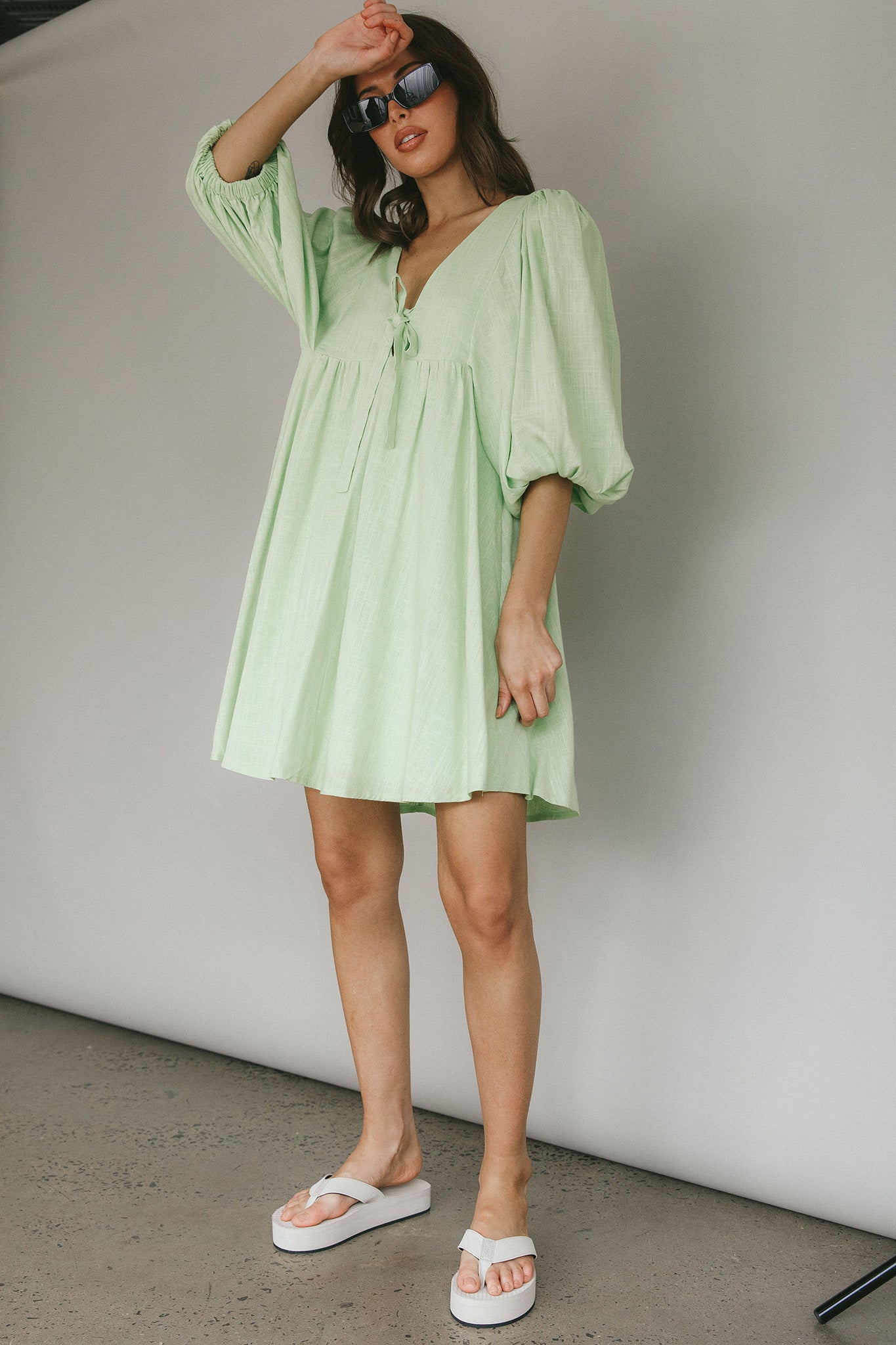 New Haven Puff Sleeve Swing Dress Lime by Selfie Leslie