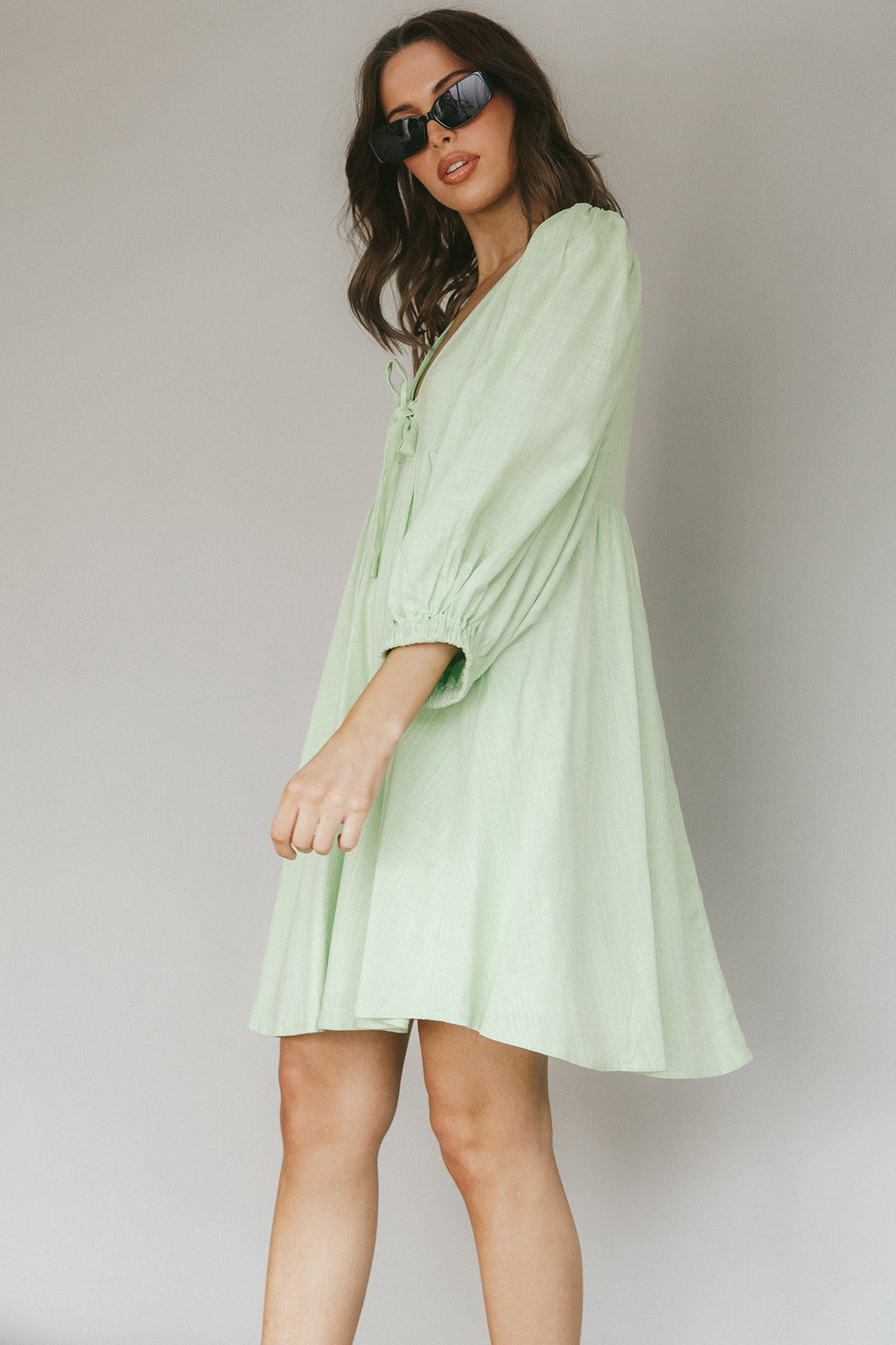 New Haven Puff Sleeve Swing Dress Lime by Selfie Leslie