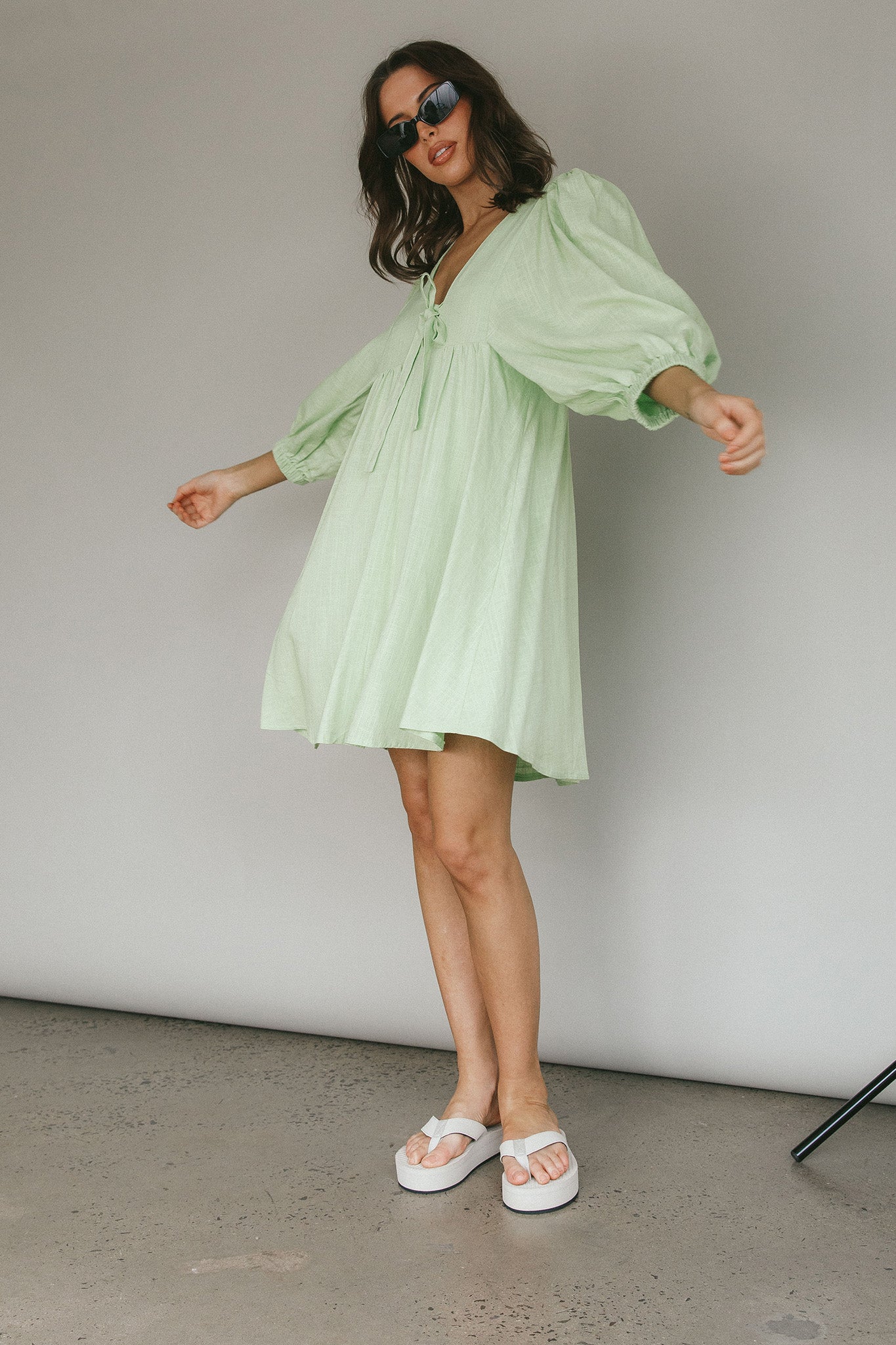 New Haven Puff Sleeve Swing Dress Lime by Selfie Leslie