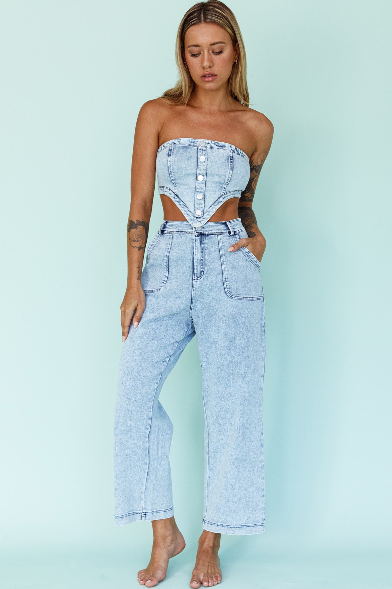 Uptown Strapless Crop Top Denim by Selfie Leslie