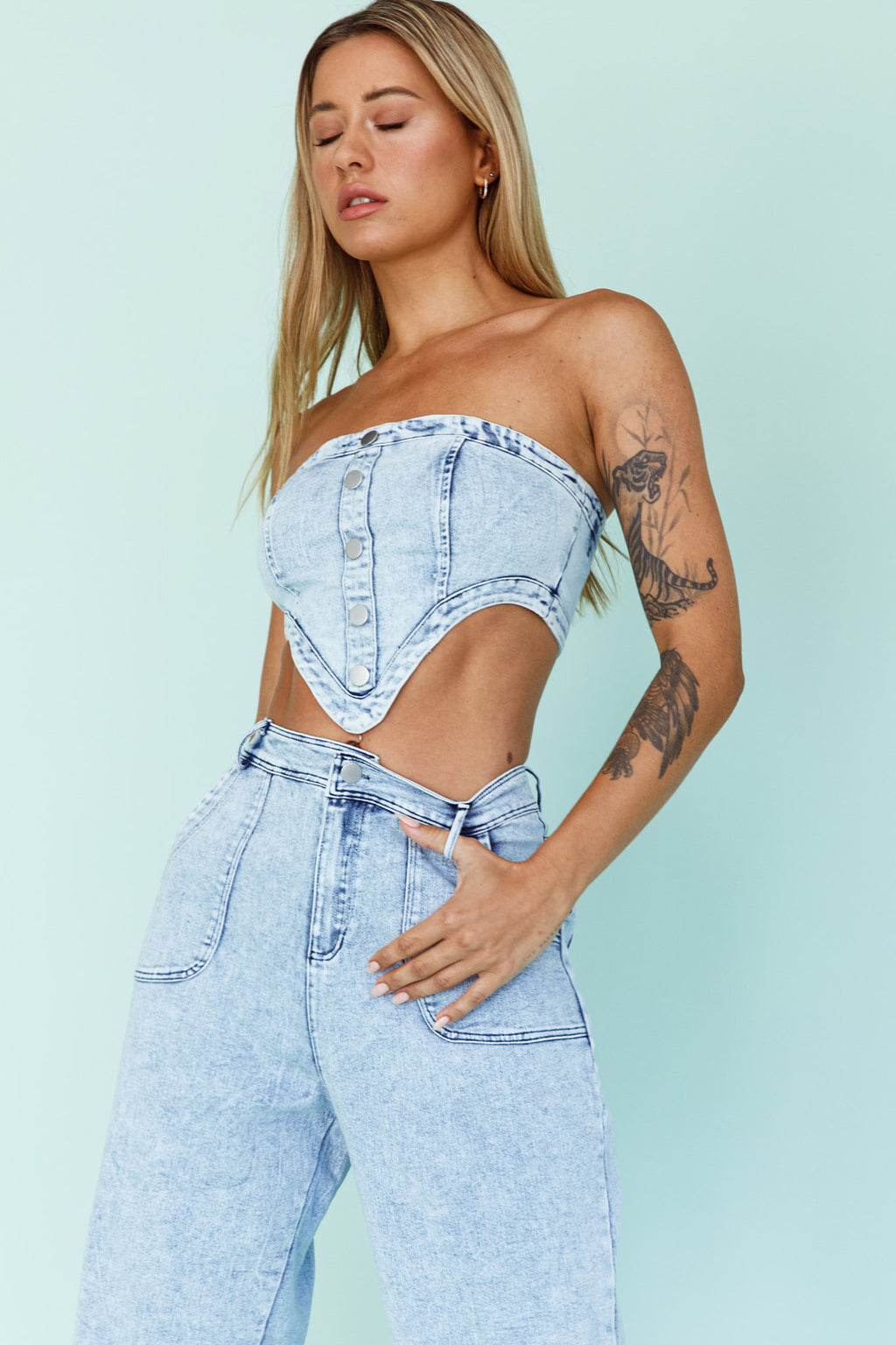 Uptown Strapless Crop Top Denim by Selfie Leslie
