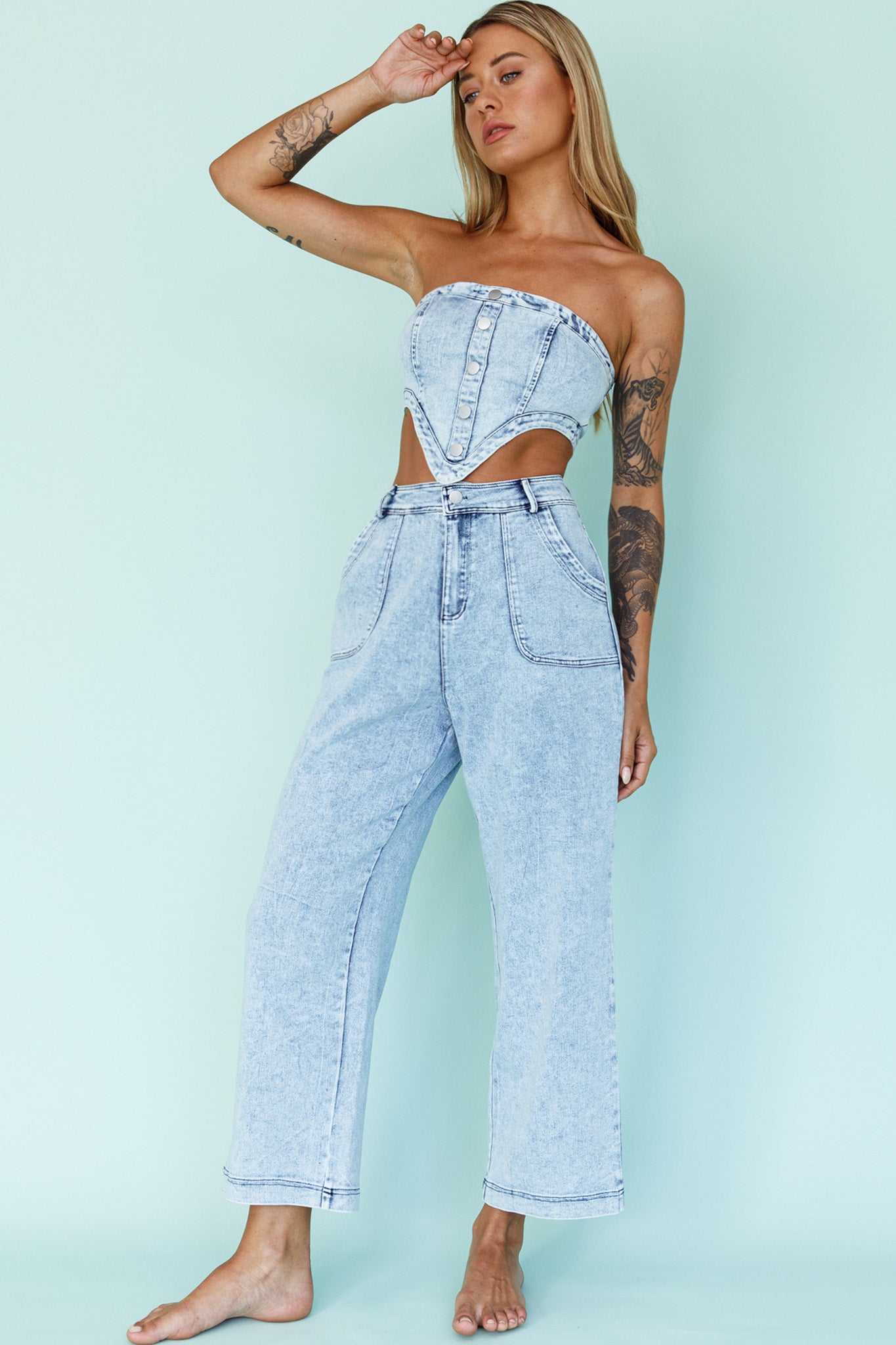 Uptown Strapless Crop Top Denim by Selfie Leslie