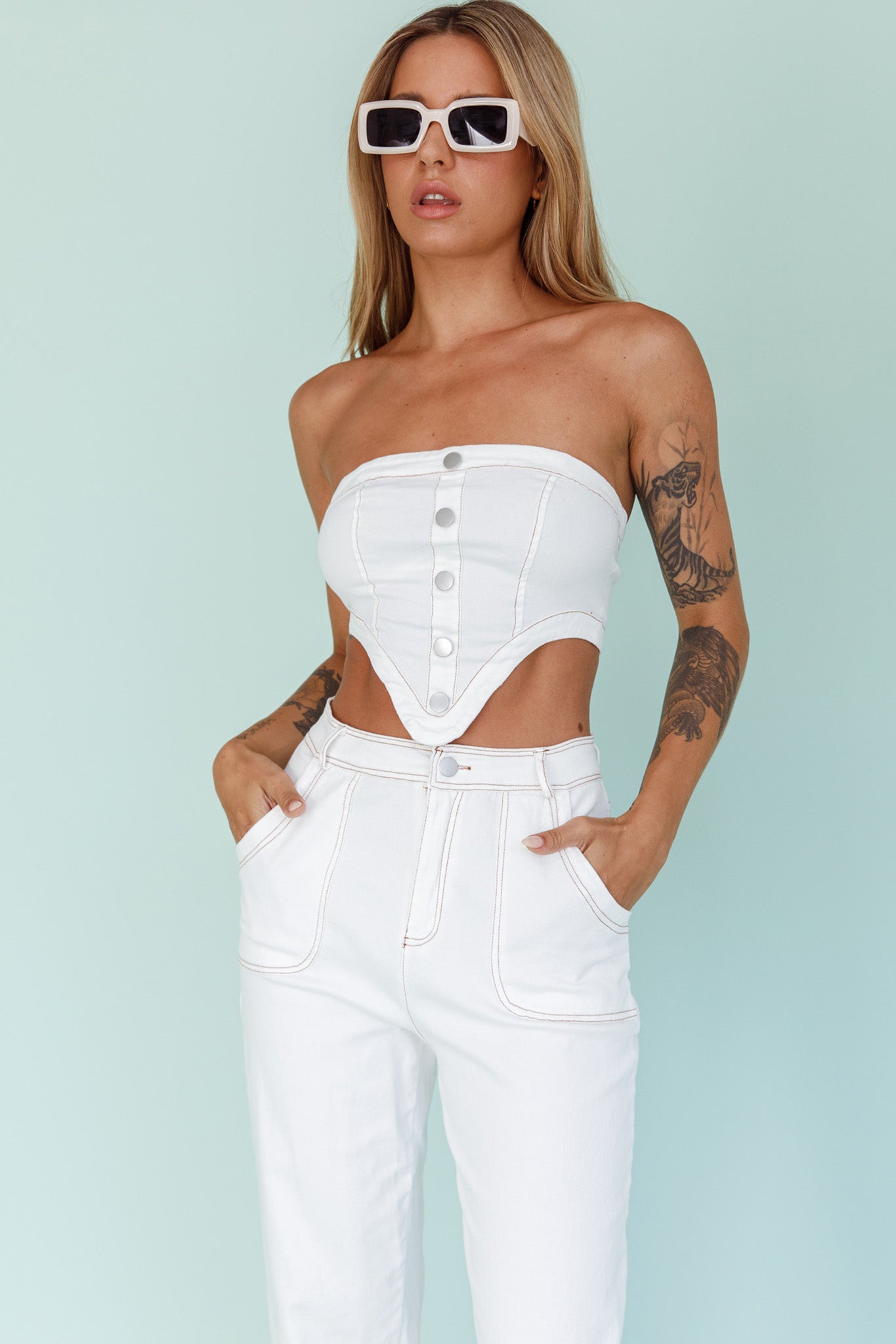 Uptown Strapless Crop Top White by Selfie Leslie