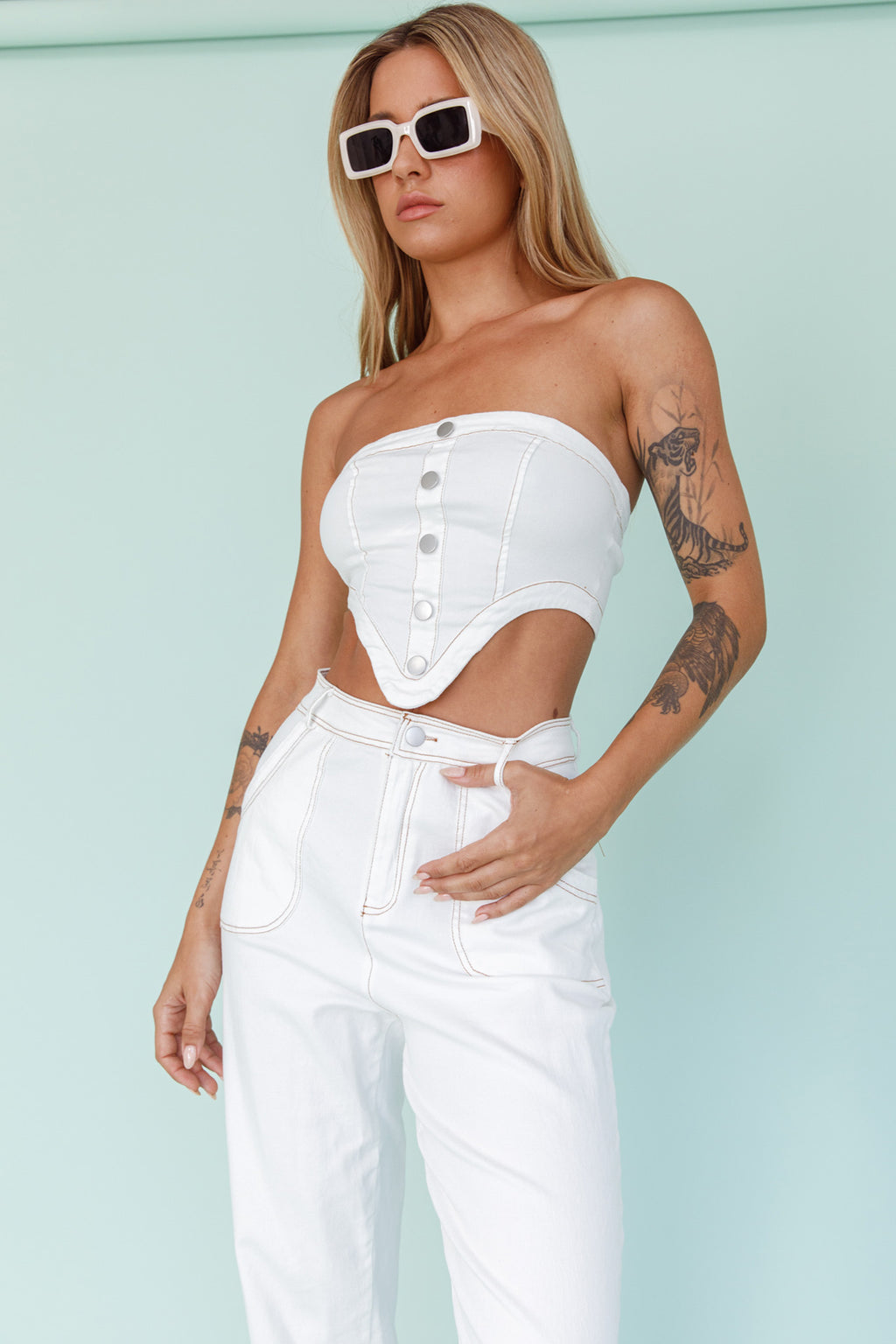 Uptown Strapless Crop Top White by Selfie Leslie
