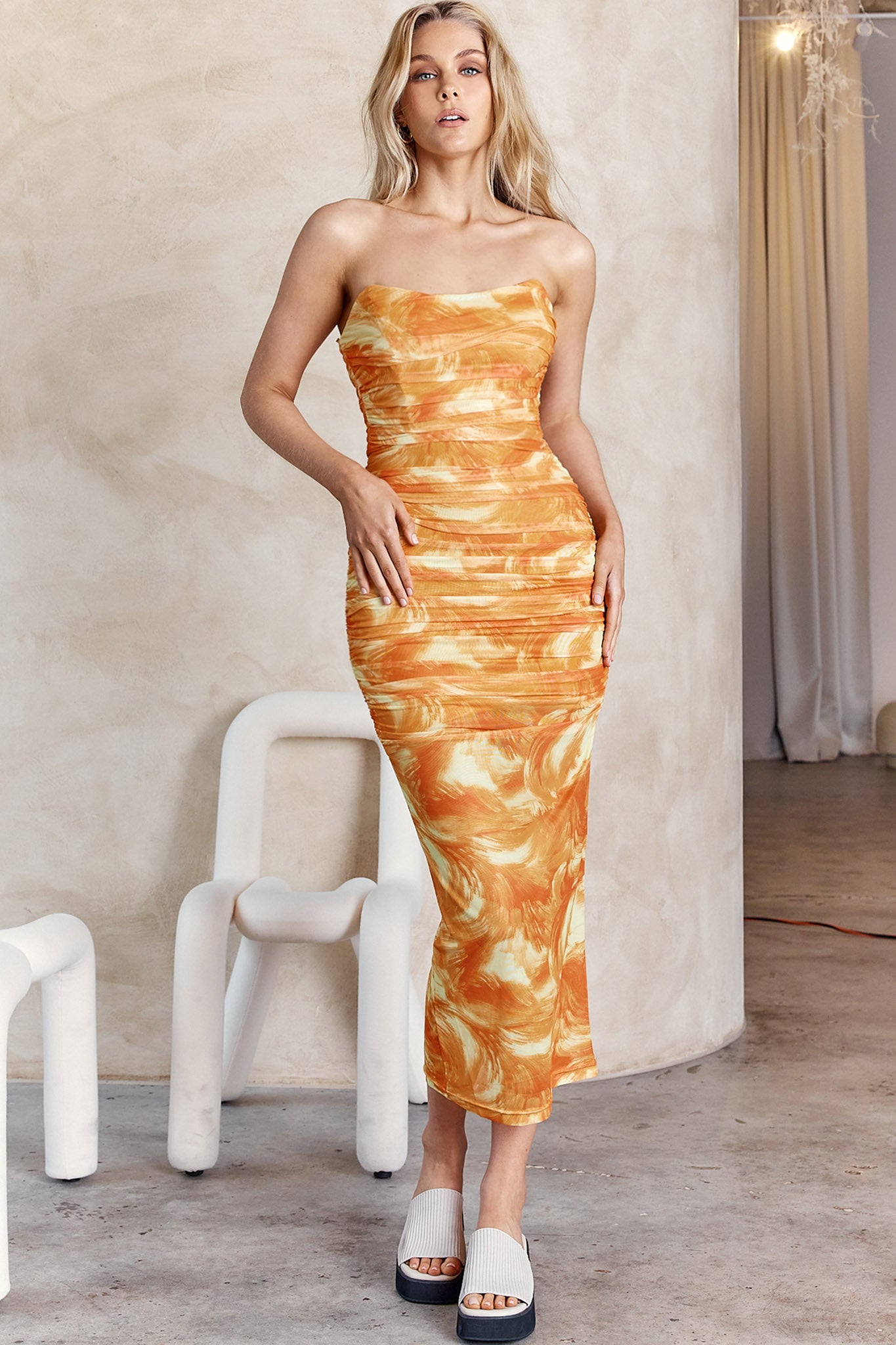 Logan Strapless Ruched Midi Dress Orange by Selfie Leslie