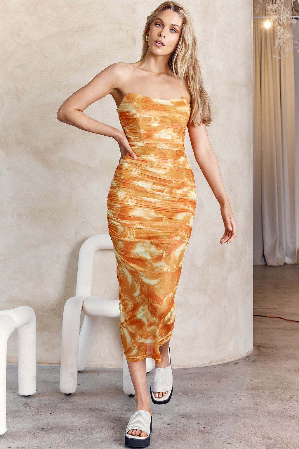 Logan Strapless Ruched Midi Dress Orange by Selfie Leslie