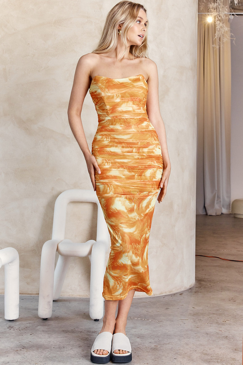 Logan Strapless Ruched Midi Dress Orange by Selfie Leslie