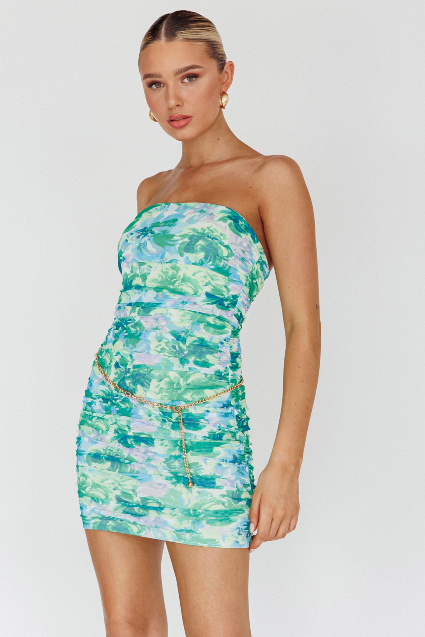 Logan Strapless Ruched Dress Floral Green by Selfie Leslie