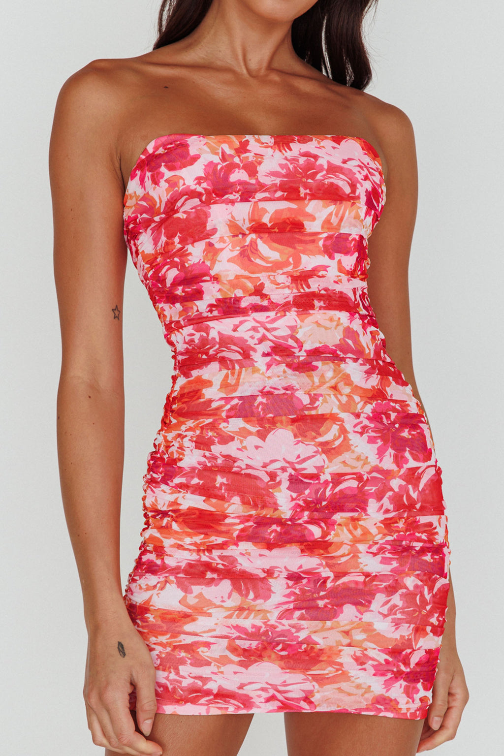 Logan Strapless Ruched Dress Floral Pink/Orange by Selfie Leslie