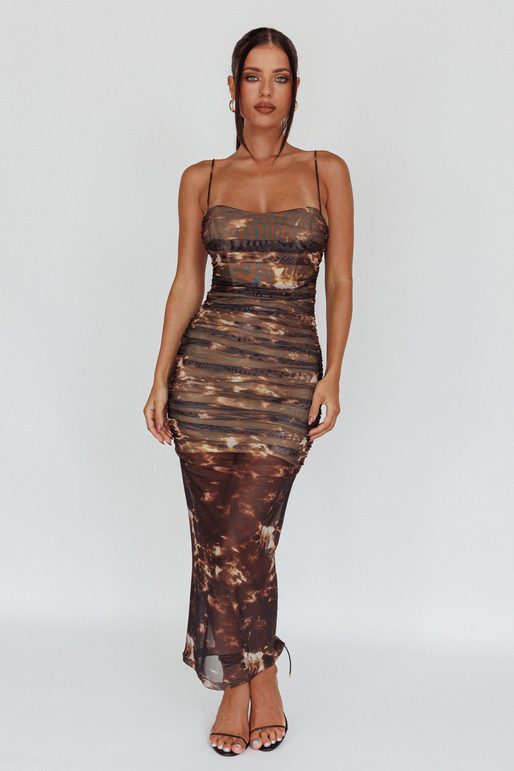 Logan Strapless Ruched Midi Dress Brown by Selfie Leslie