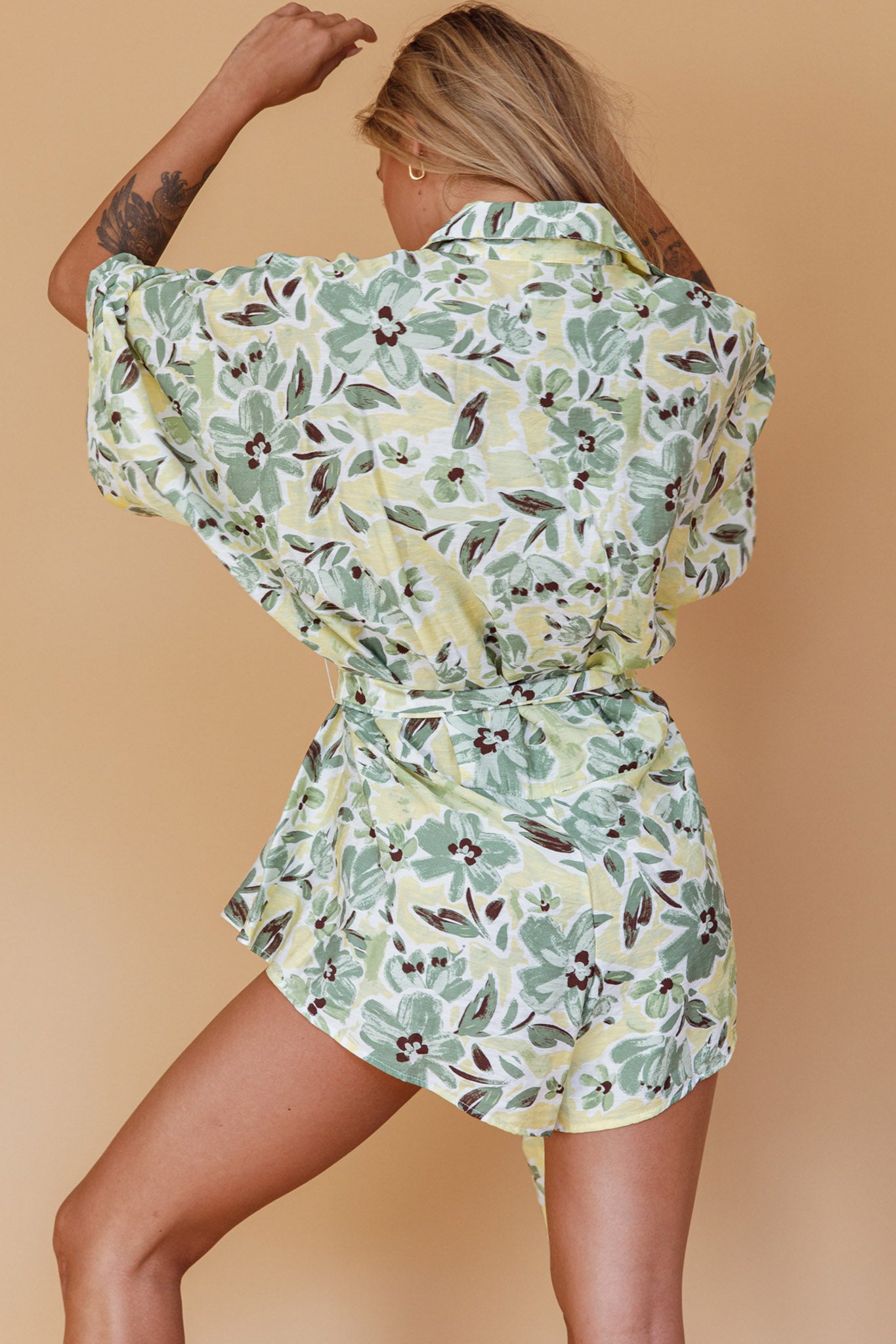 Daytona Beach Button-Up Romper Floral Olive by Selfie Leslie