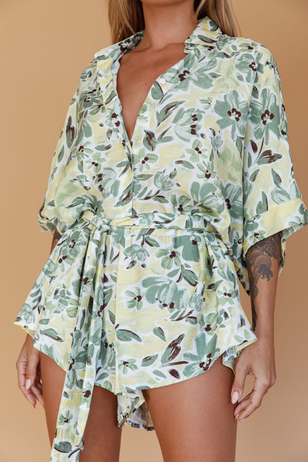 Daytona Beach Button-Up Romper Floral Olive by Selfie Leslie