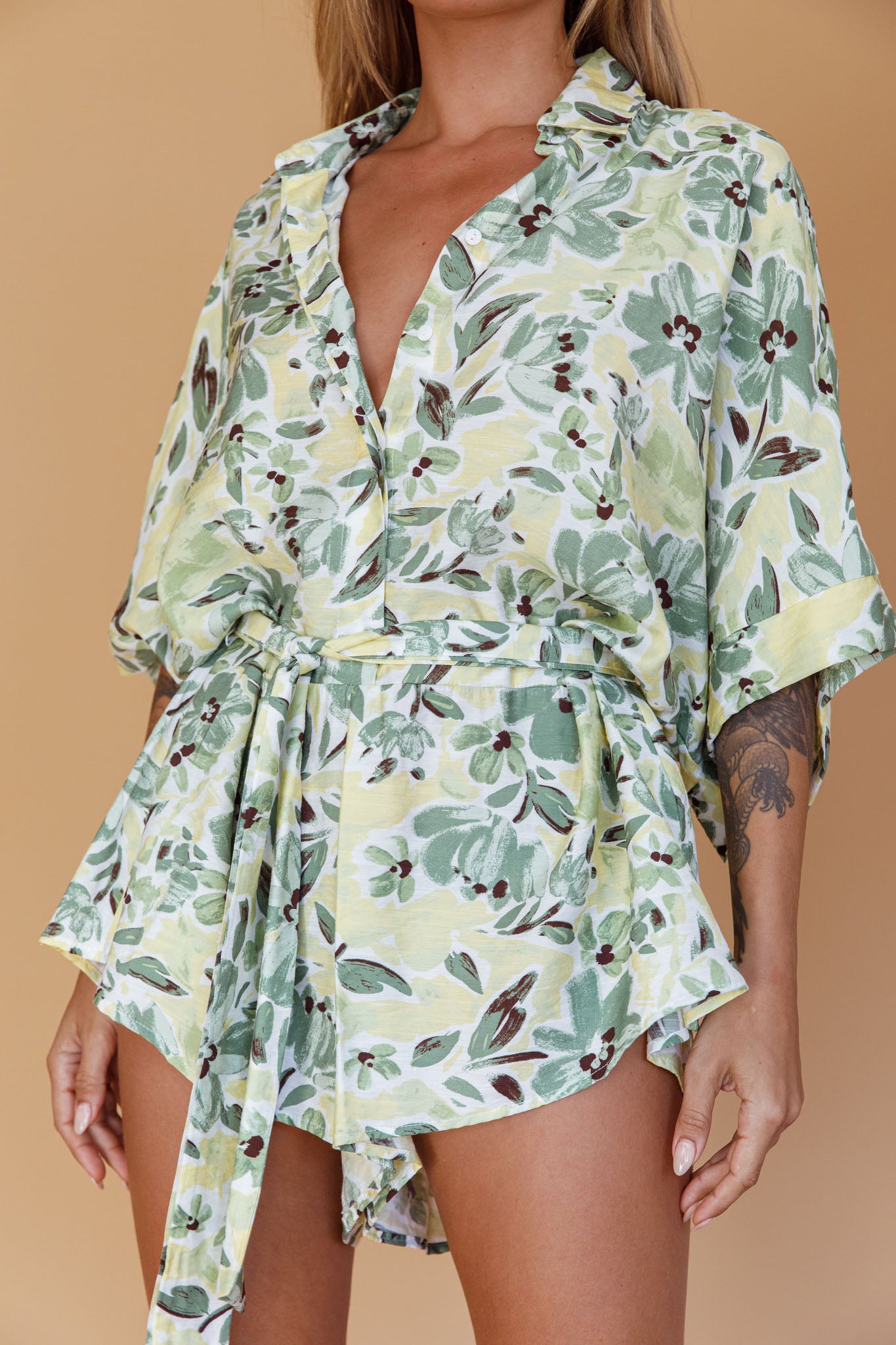 Daytona Beach Button-Up Romper Floral Olive by Selfie Leslie