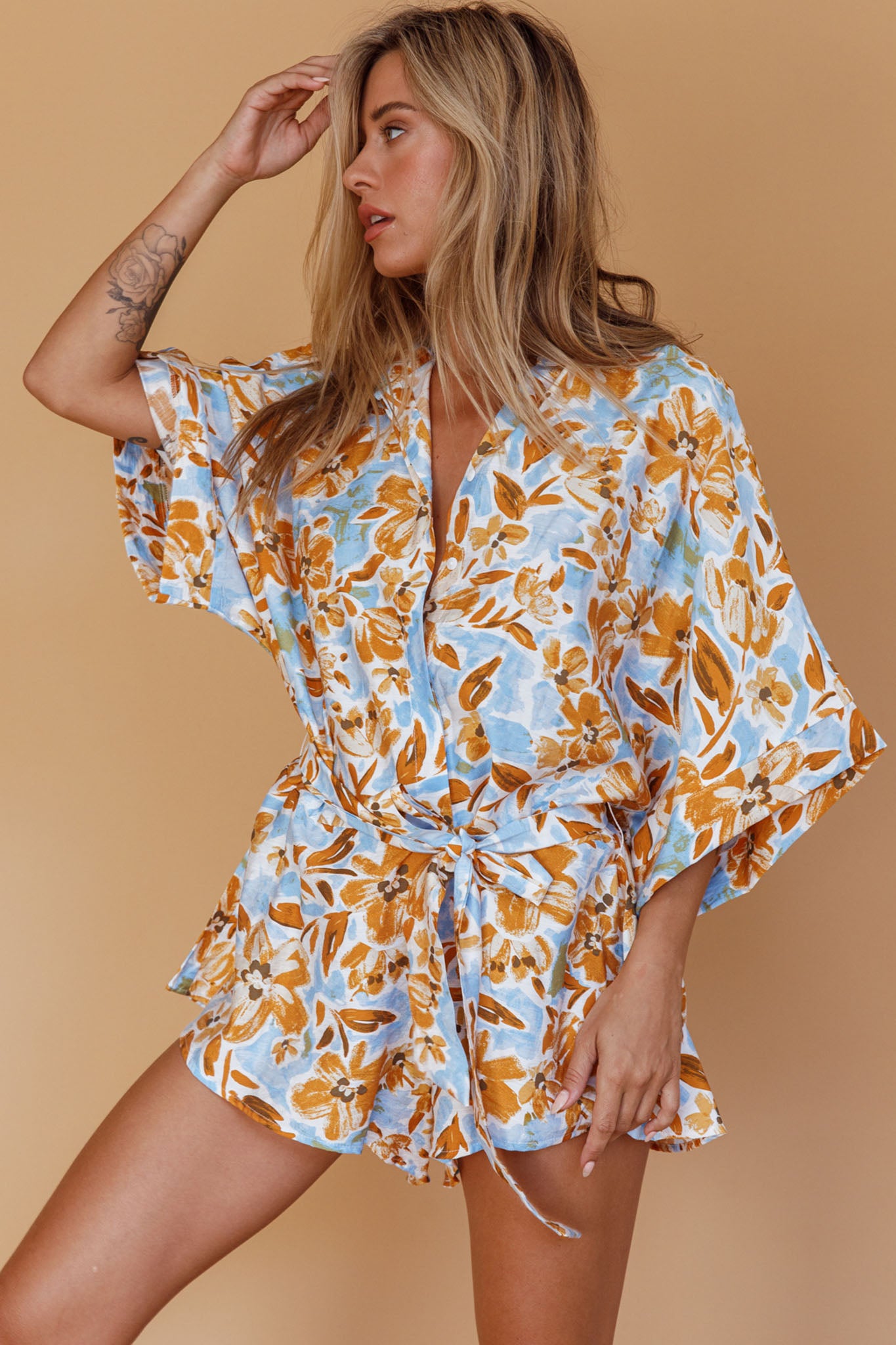 Daytona Beach Button-Up Romper Floral Blue by Selfie Leslie