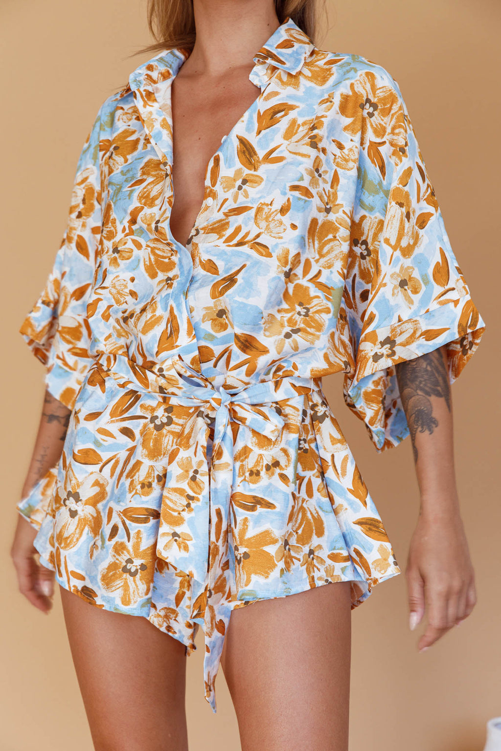 Daytona Beach Button-Up Romper Floral Blue by Selfie Leslie