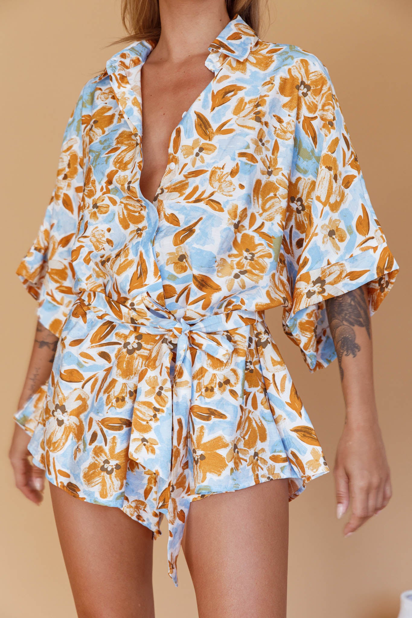 Daytona Beach Button-Up Romper Floral Blue by Selfie Leslie