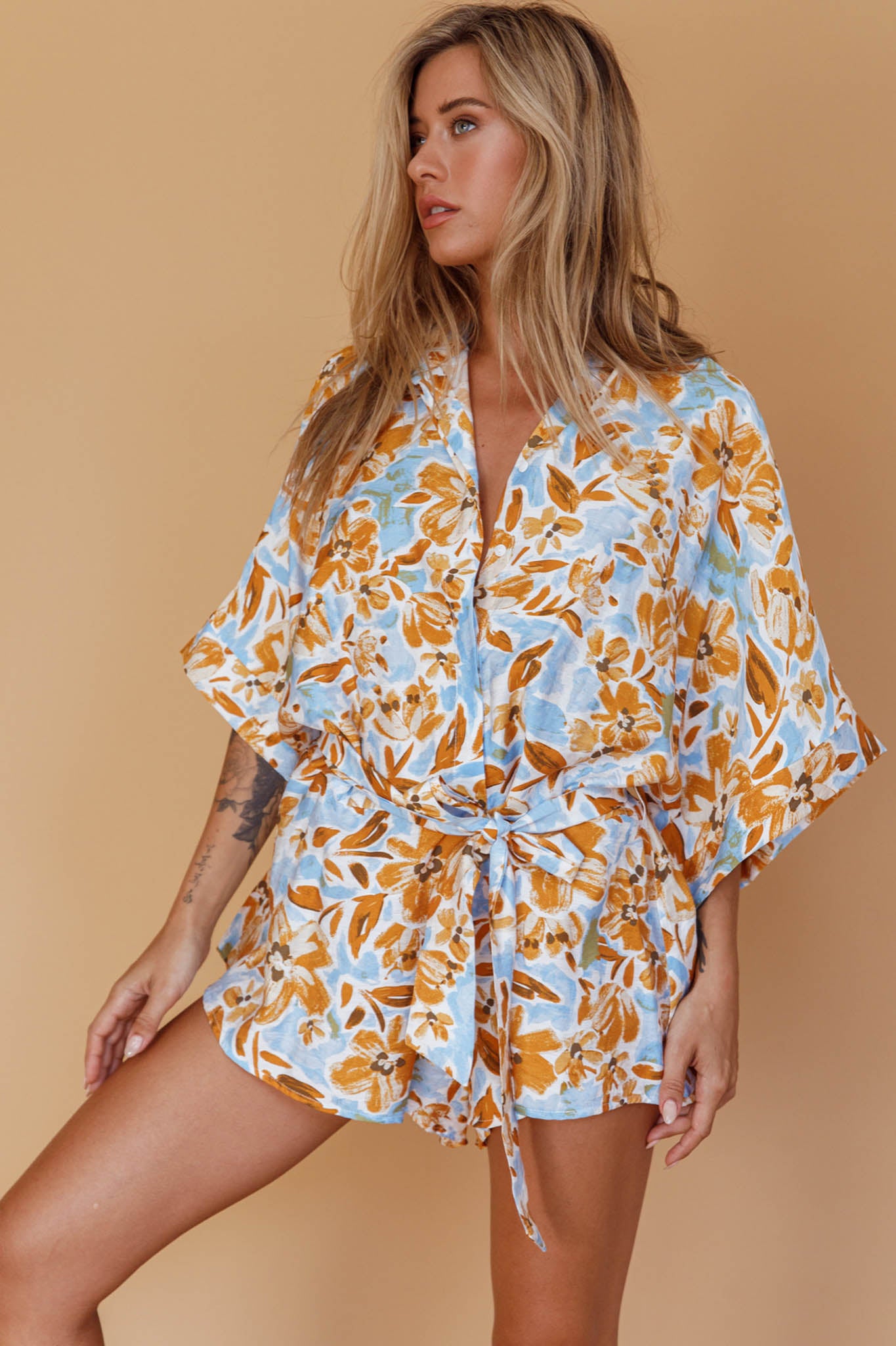 Daytona Beach Button-Up Romper Floral Blue by Selfie Leslie
