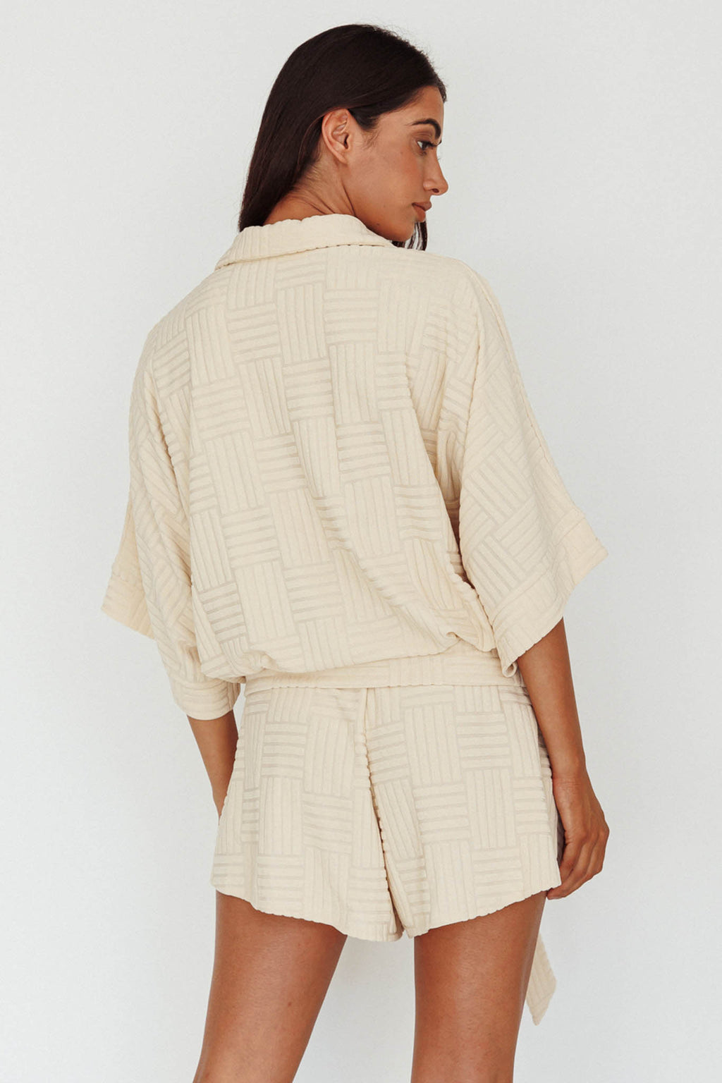 Daytona Beach Button-Up Romper Textured Beige by Selfie Leslie