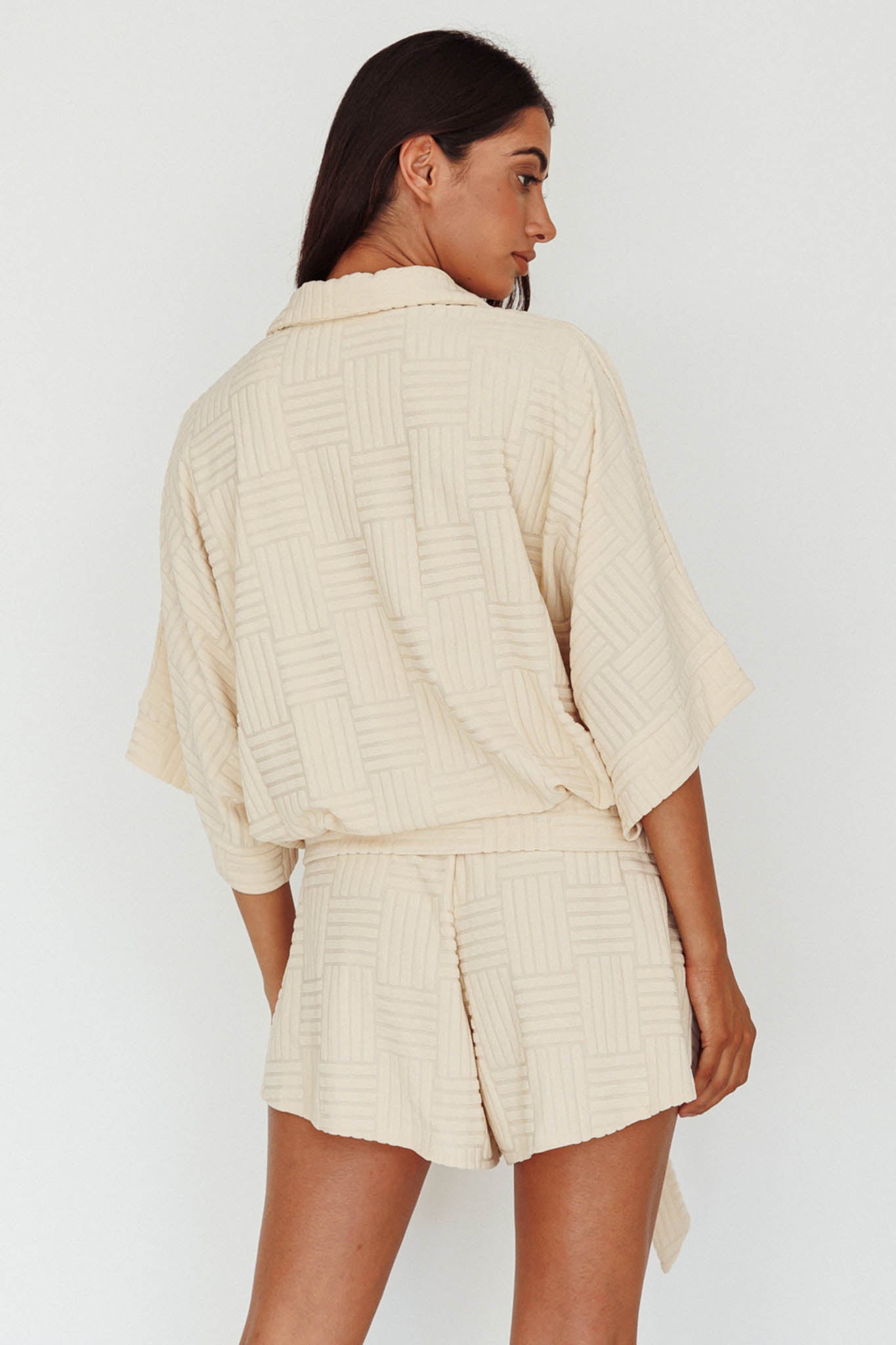 Daytona Beach Button-Up Romper Textured Beige by Selfie Leslie