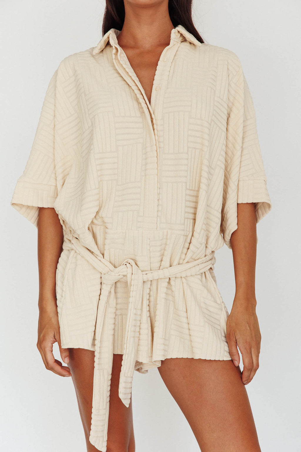 Daytona Beach Button-Up Romper Textured Beige by Selfie Leslie