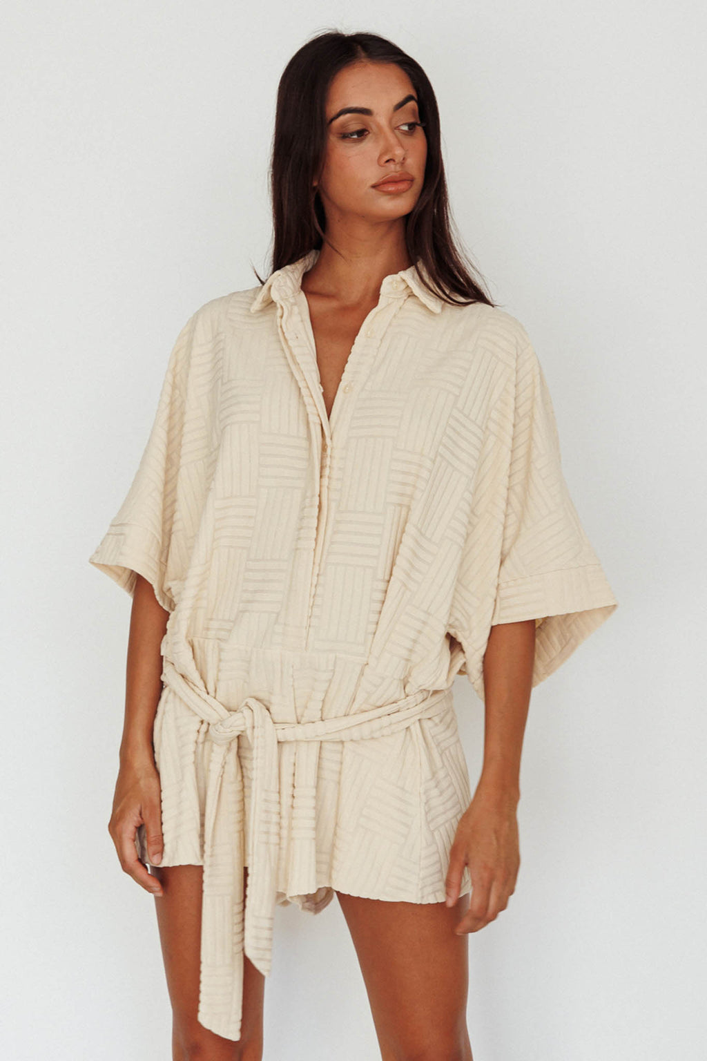 Daytona Beach Button-Up Romper Textured Beige by Selfie Leslie