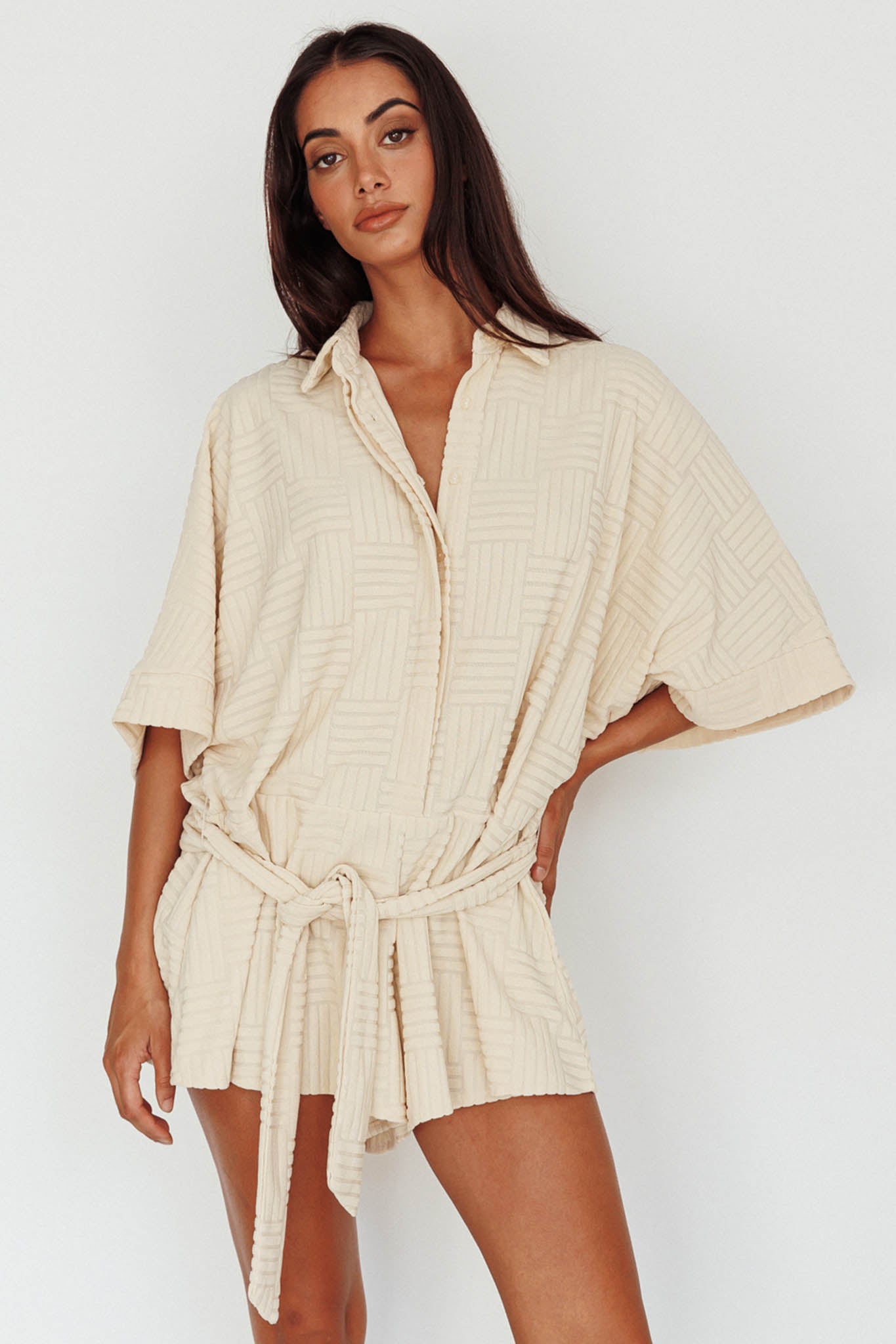 Daytona Beach Button-Up Romper Textured Beige by Selfie Leslie