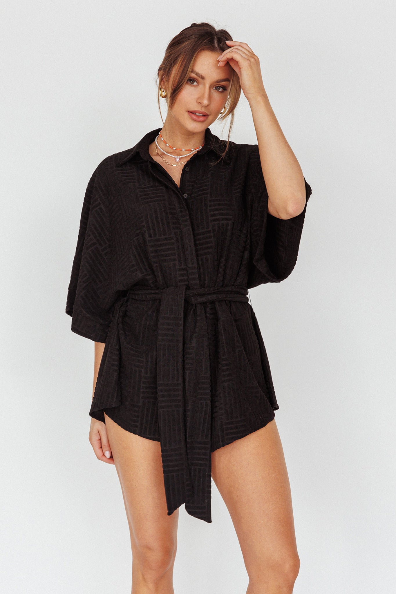 Daytona Beach Button-Up Romper Textured Black by Selfie Leslie