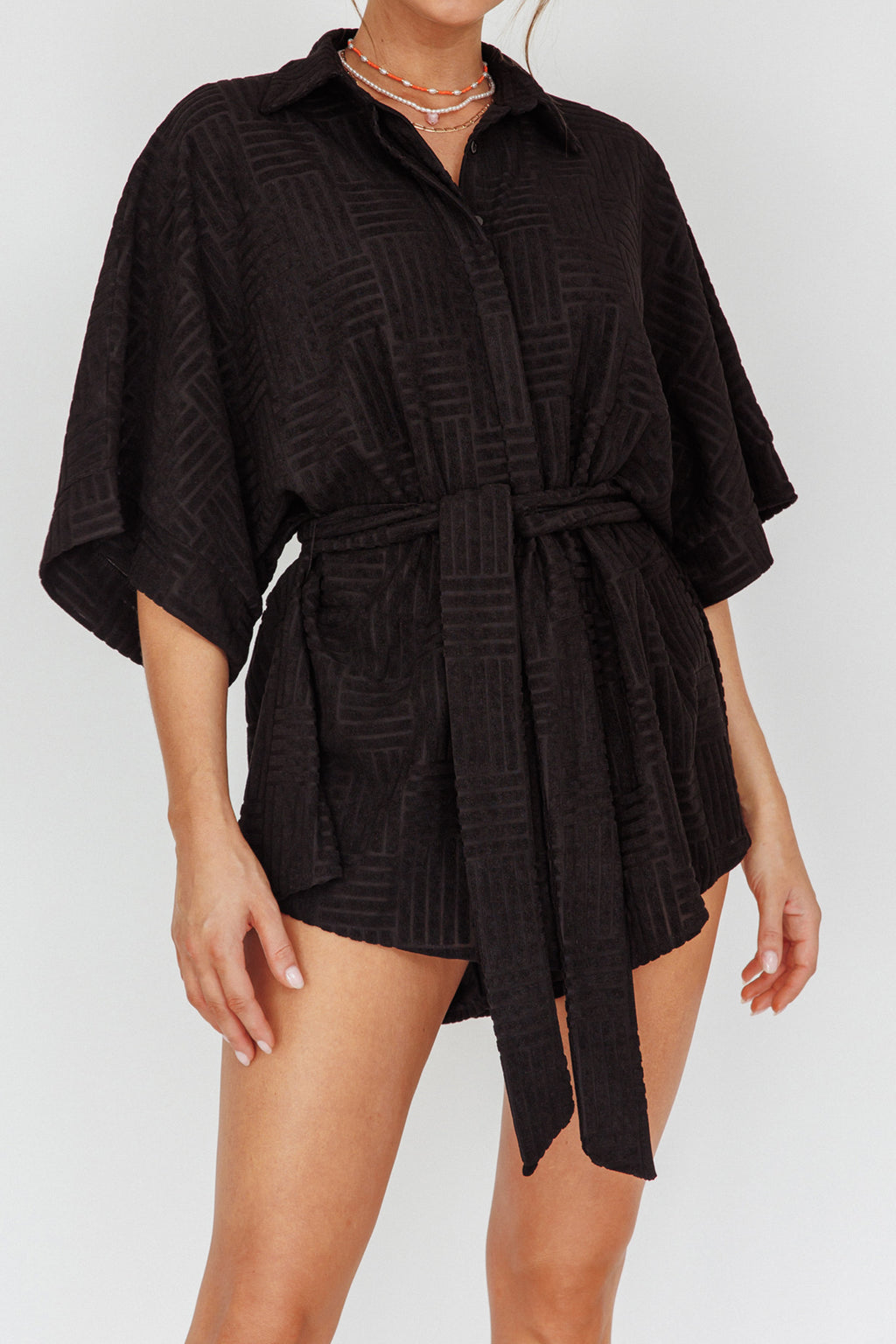Daytona Beach Button-Up Romper Textured Black by Selfie Leslie