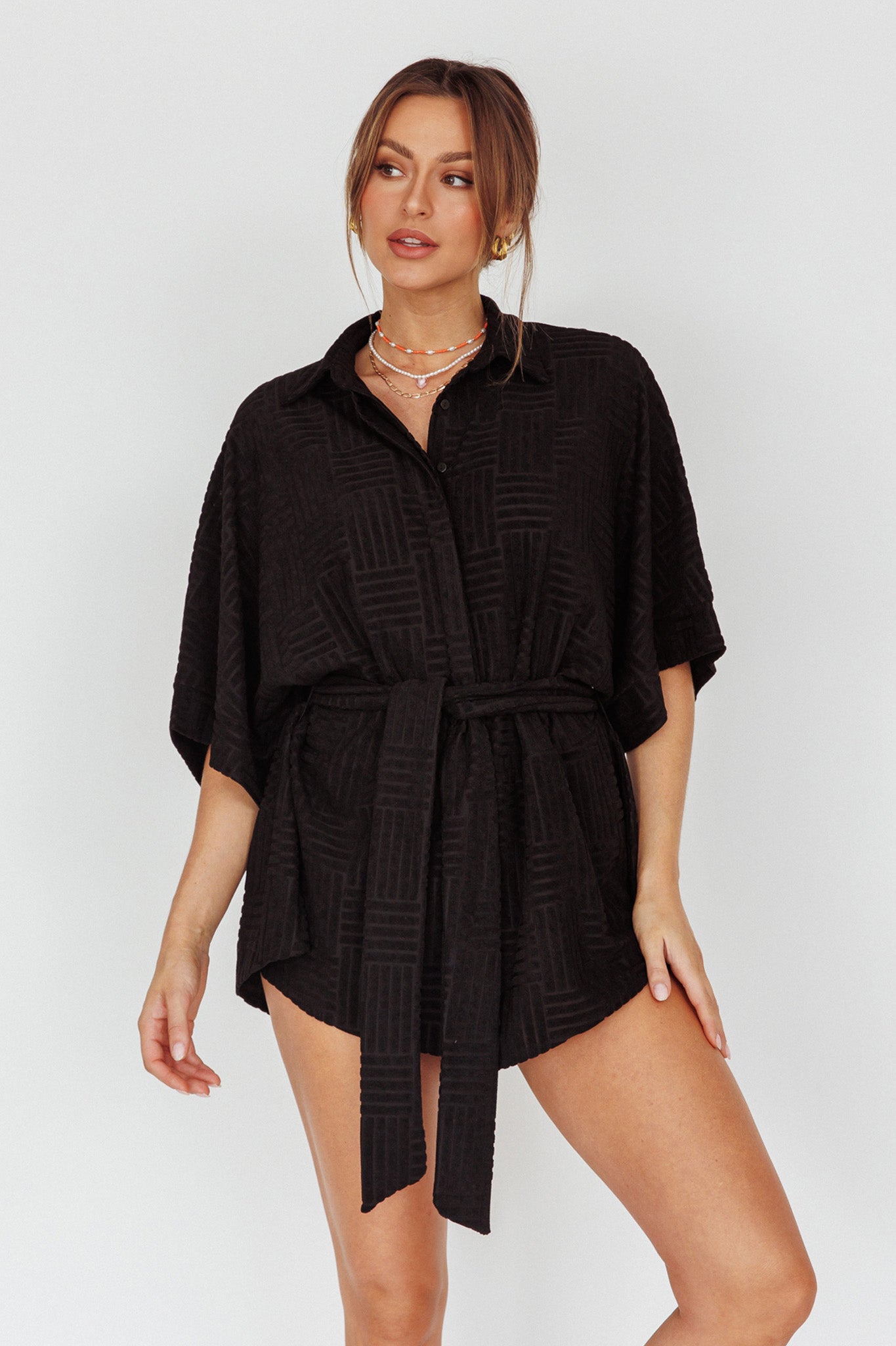 Daytona Beach Button-Up Romper Textured Black by Selfie Leslie