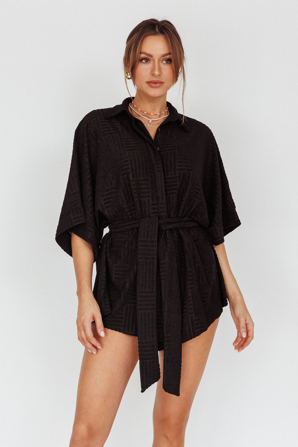 Daytona Beach Button-Up Romper Textured Black by Selfie Leslie