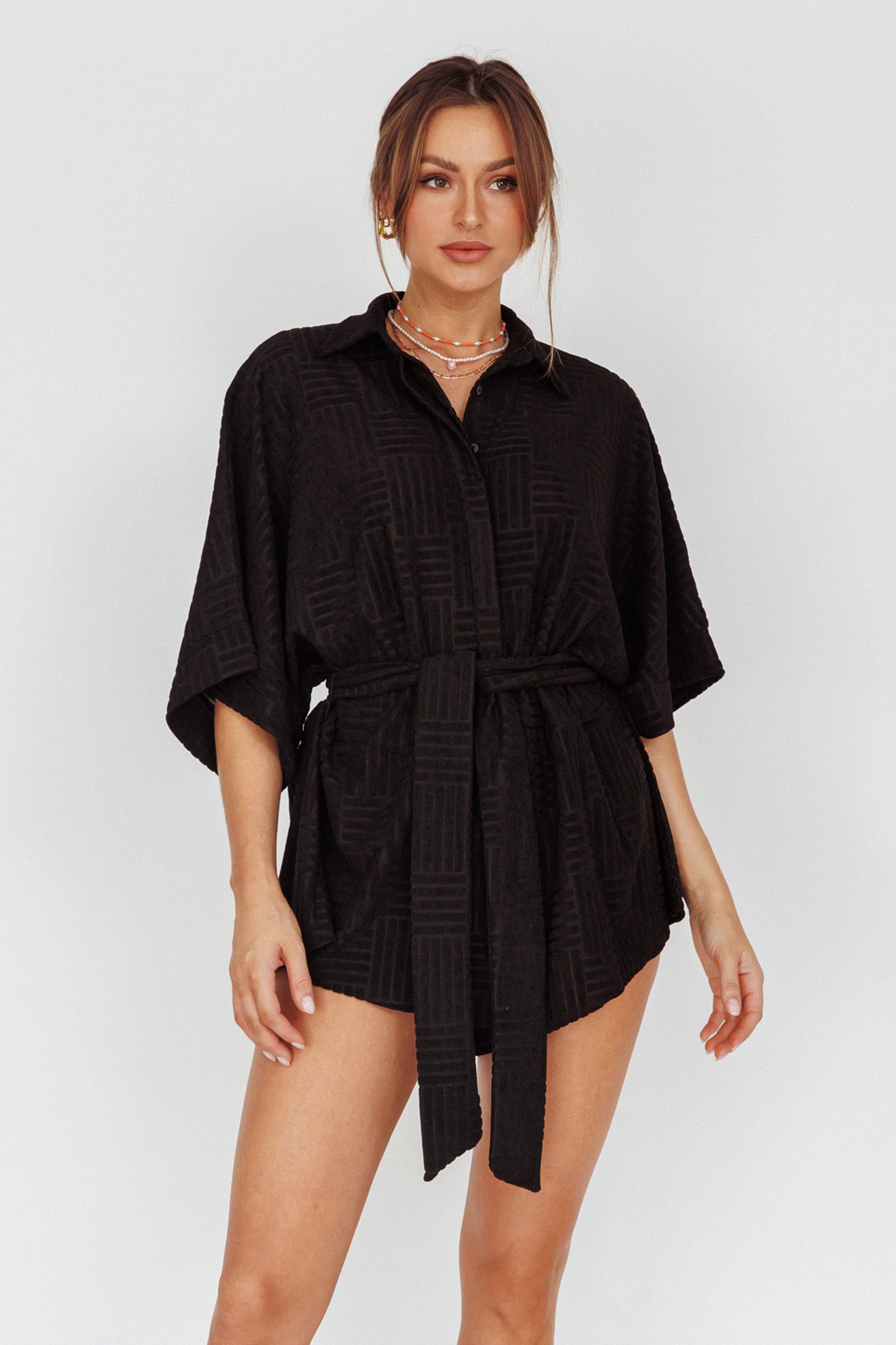 Daytona Beach Button-Up Romper Textured Black by Selfie Leslie