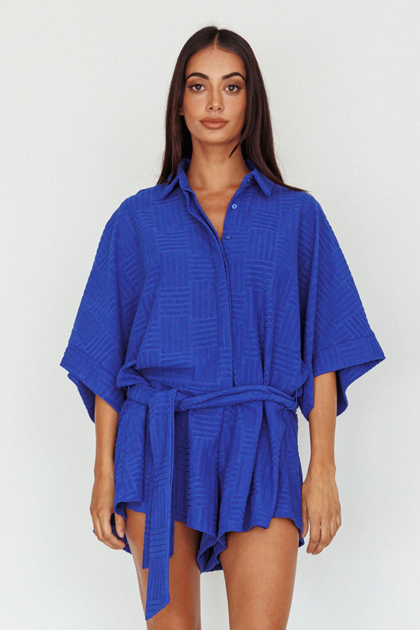 Daytona Beach Button-Up Romper Textured Blue by Selfie Leslie