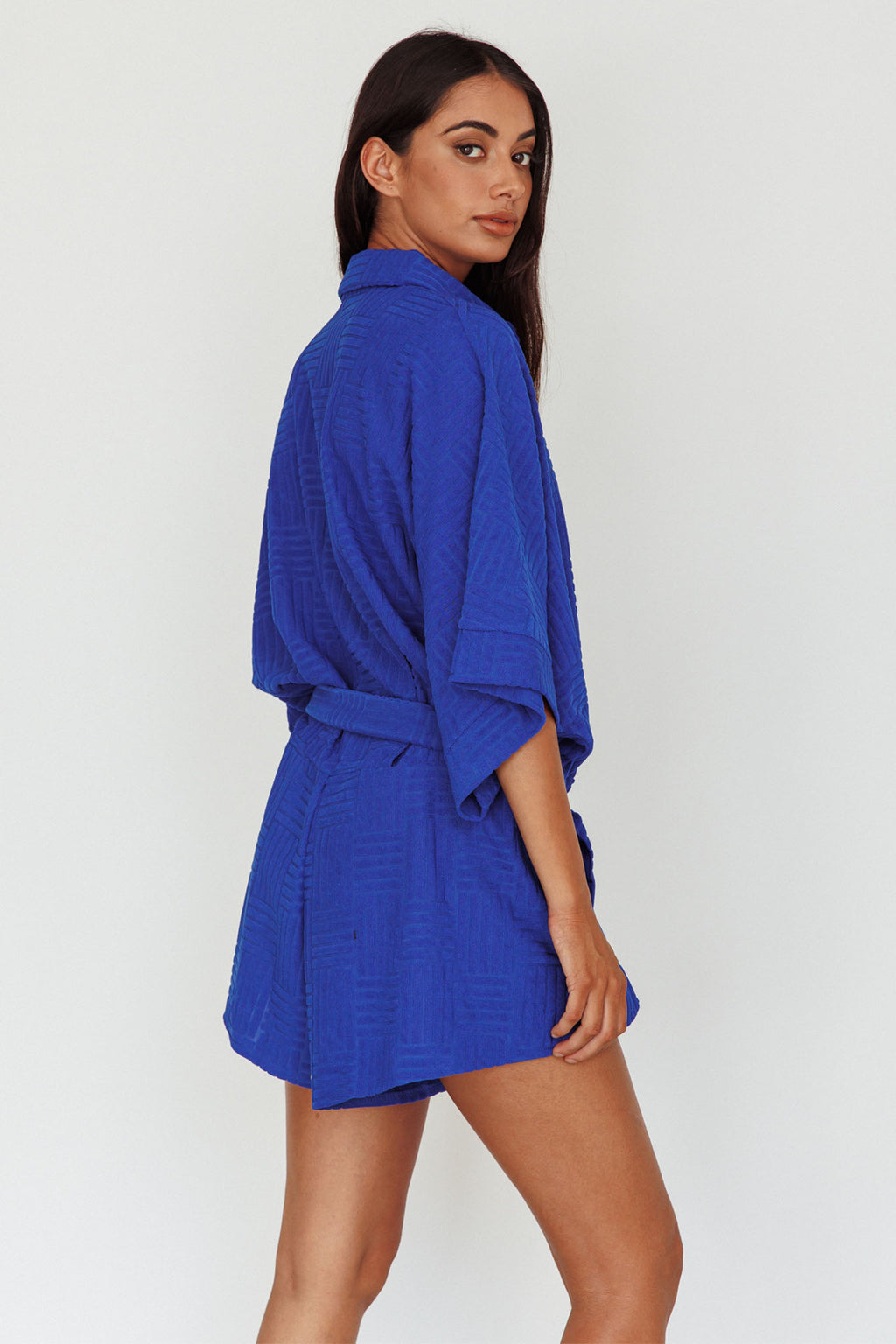Daytona Beach Button-Up Romper Textured Blue by Selfie Leslie