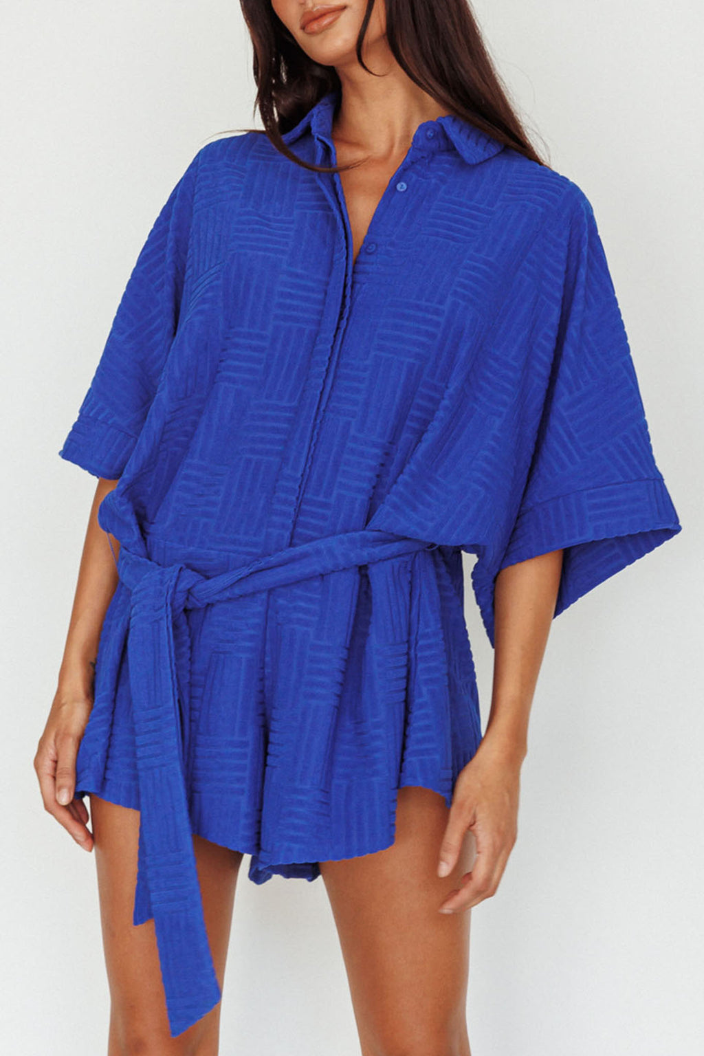 Daytona Beach Button-Up Romper Textured Blue by Selfie Leslie