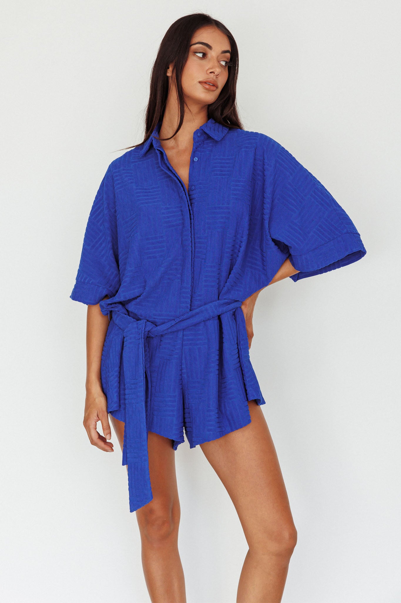 Daytona Beach Button-Up Romper Textured Blue by Selfie Leslie
