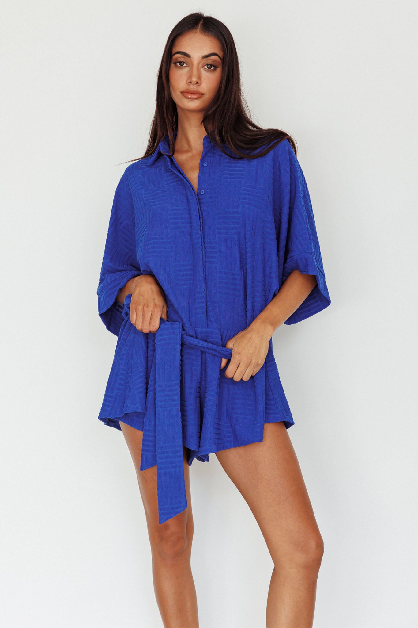 Daytona Beach Button-Up Romper Textured Blue by Selfie Leslie
