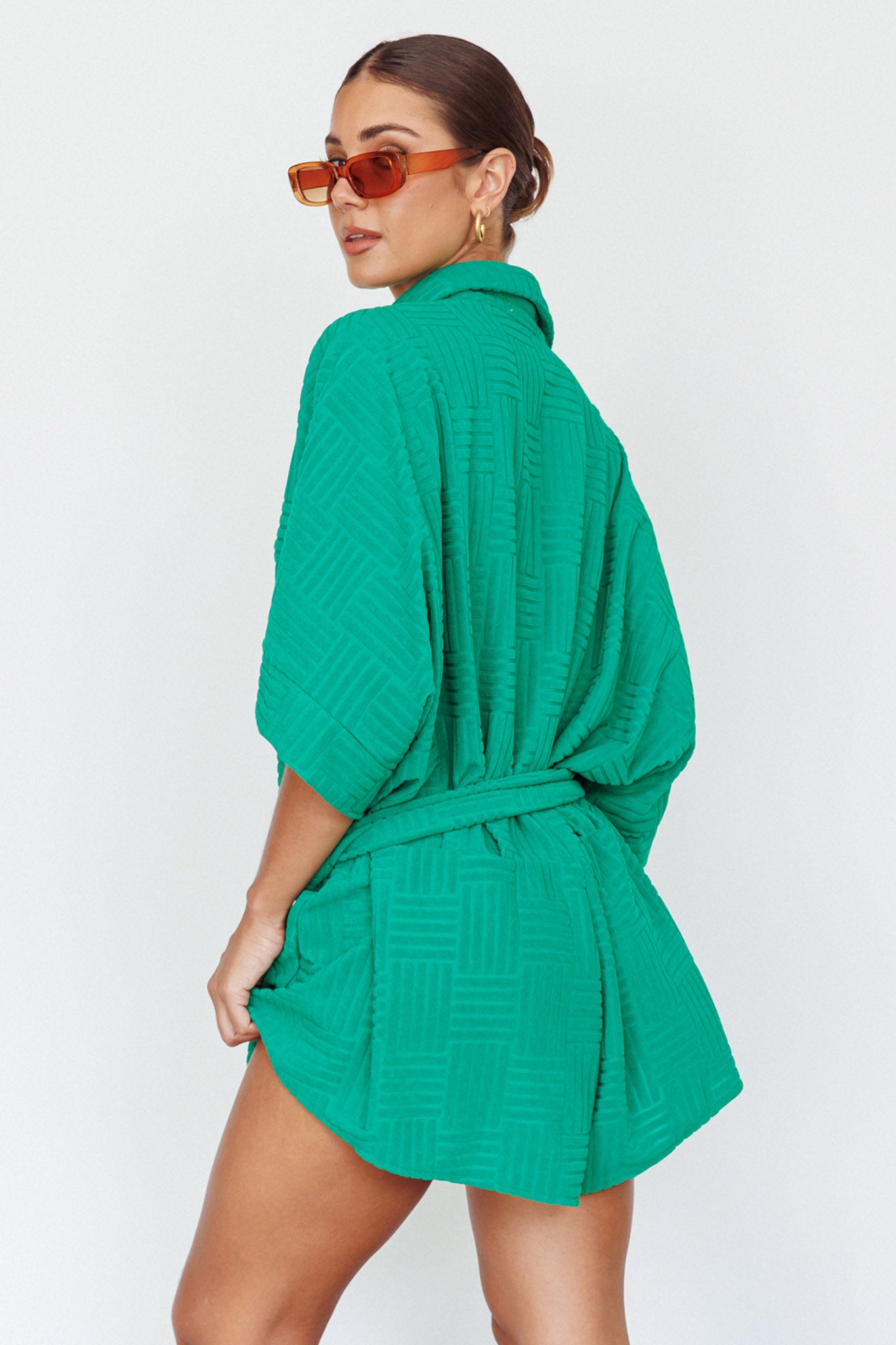 Daytona Beach Button-Up Romper Textured Green by Selfie Leslie