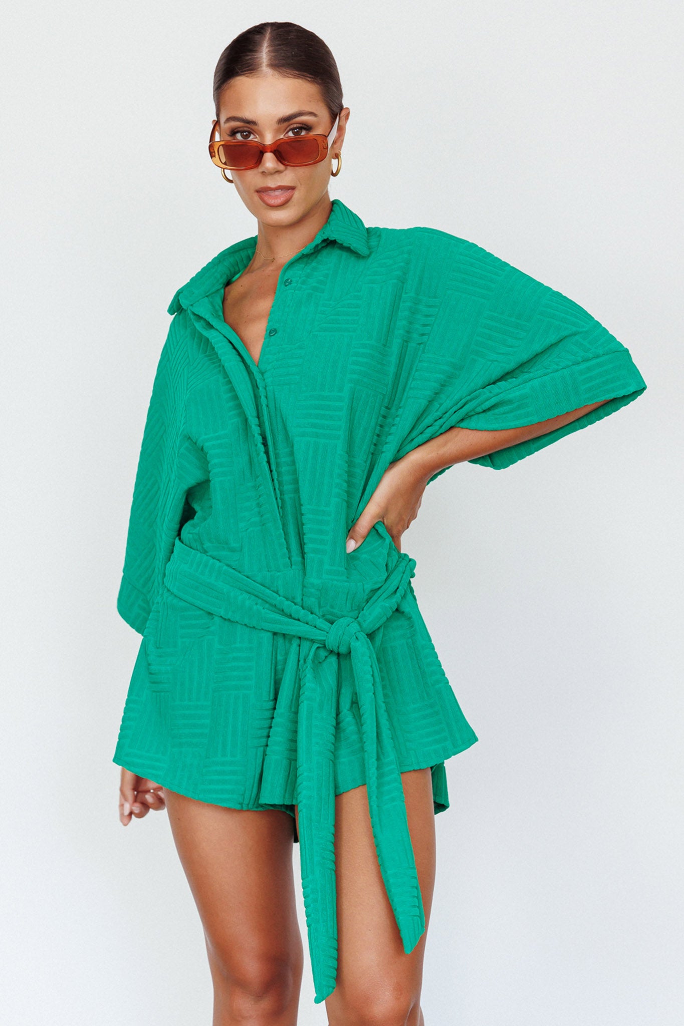 Shop the Daytona Beach ButtonUp Romper Textured Green Selfie Leslie