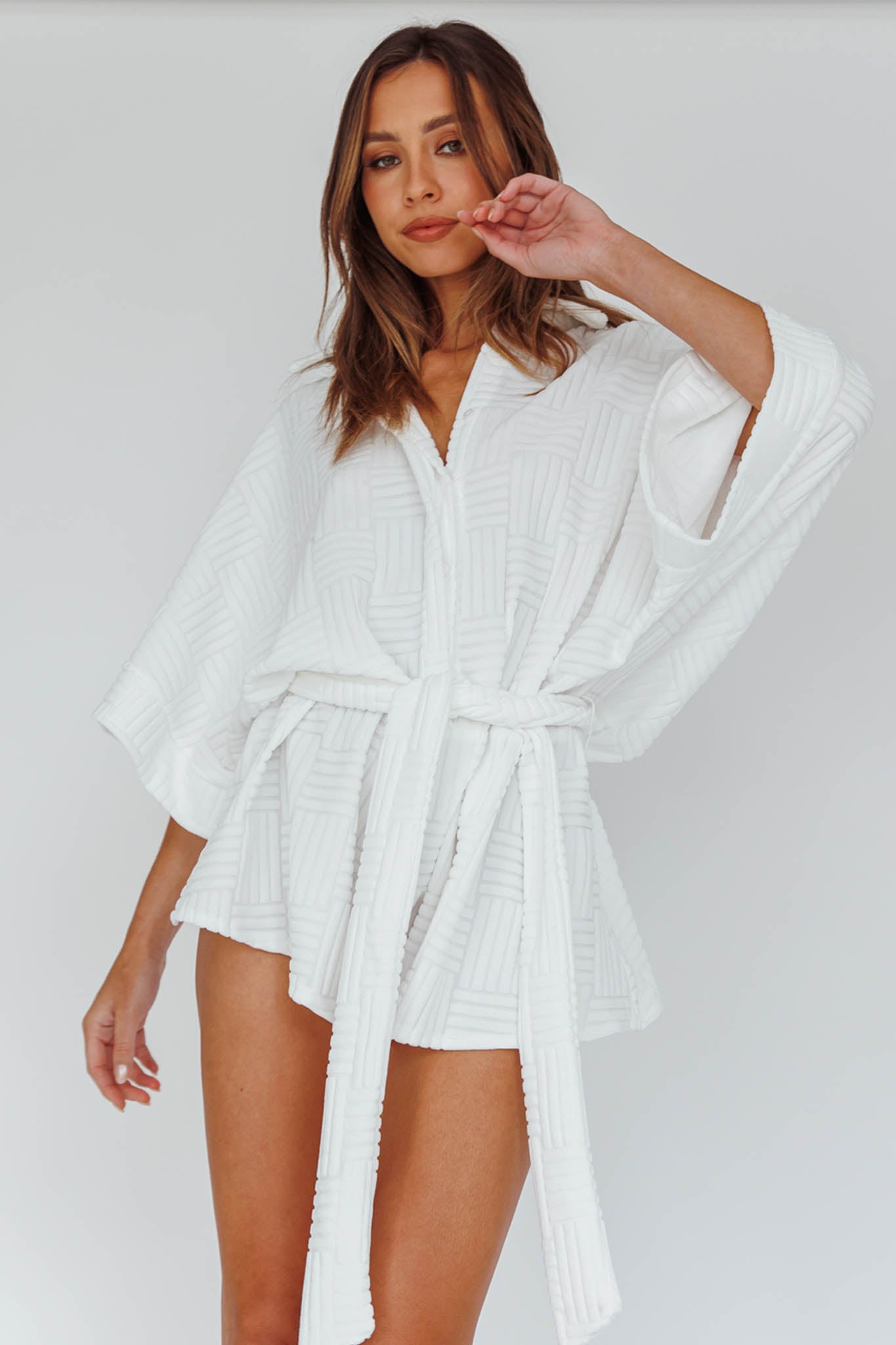 Talking Point Long Sleeve Shirt Romper Textured White by Selfie Leslie