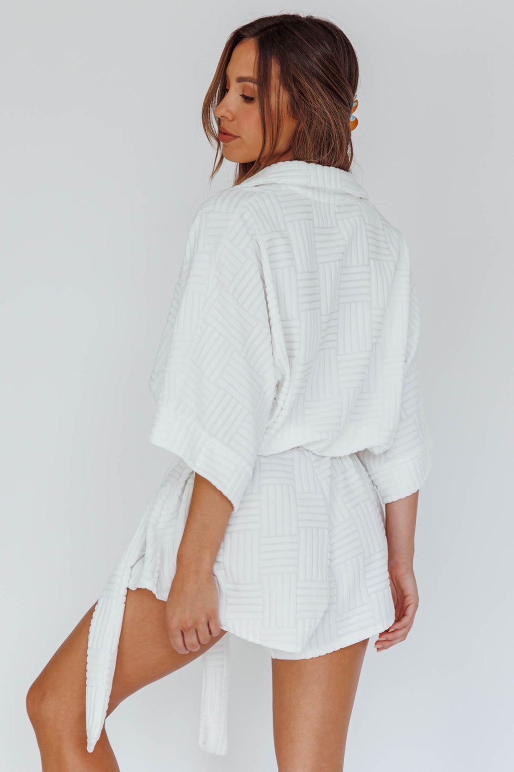 Talking Point Long Sleeve Shirt Romper Textured White by Selfie Leslie