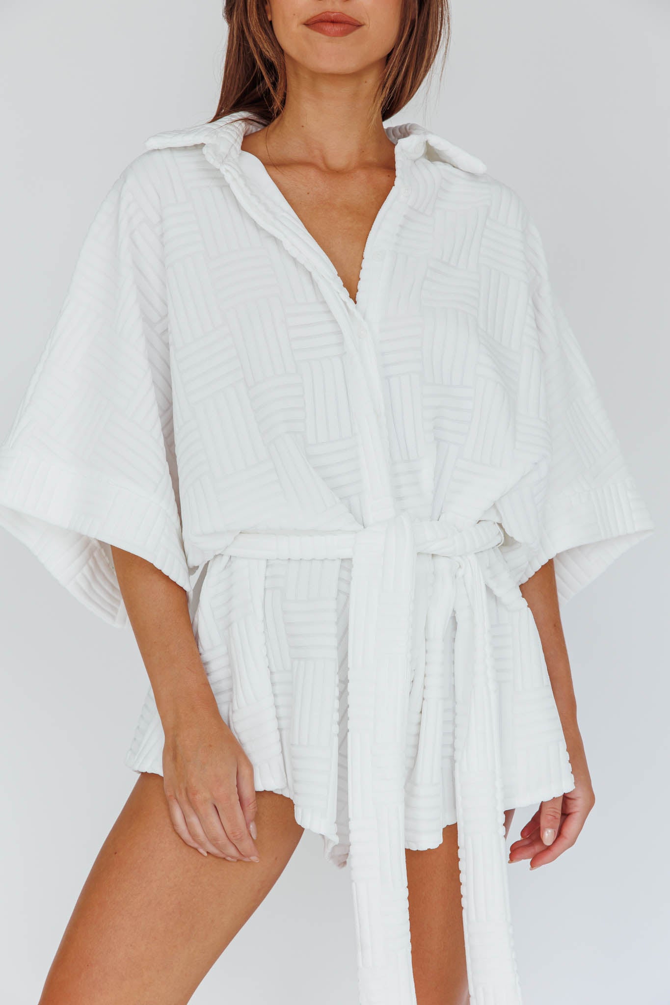 Talking Point Long Sleeve Shirt Romper Textured White by Selfie Leslie