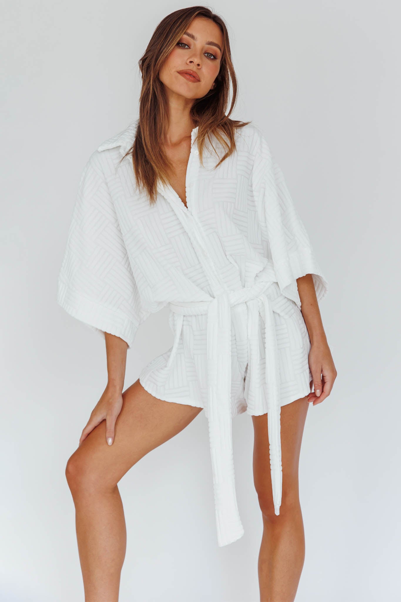 Talking Point Long Sleeve Shirt Romper Textured White by Selfie Leslie